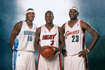 DENVER - FEBRUARY 18:  (L-R) Carmelo Anthony #15, Dwyane Wade #3 and LeBron James #23 of the Sophmore Team poses for a portrait prior to the 2005 Got Milk? Rookie Challenge at The Pepsi Center on February 18, 2005 in Denver, Colorado.  NOTE TO USER: User 