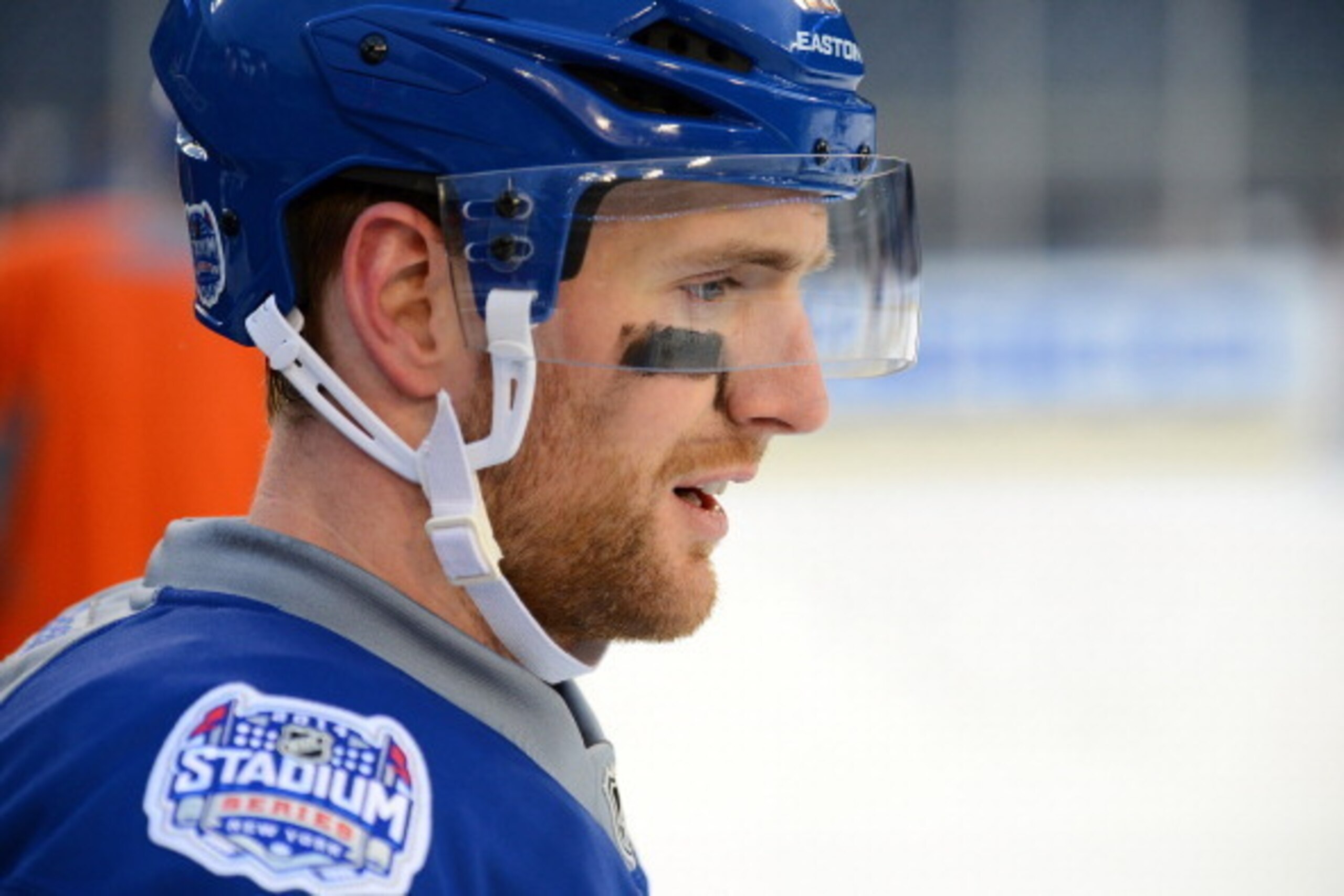 NEW YORK, NY - JANUARY 28:  (EDITORIAL USE ONLY) Andrew MacDonald #47 of the New York Islanders during the 2014 NHL Stadium Series practice session at Yankee Stadium on January 28, 2014 in the Bronx borough of New York City.  (Photo by Brian Babineau/NHLI