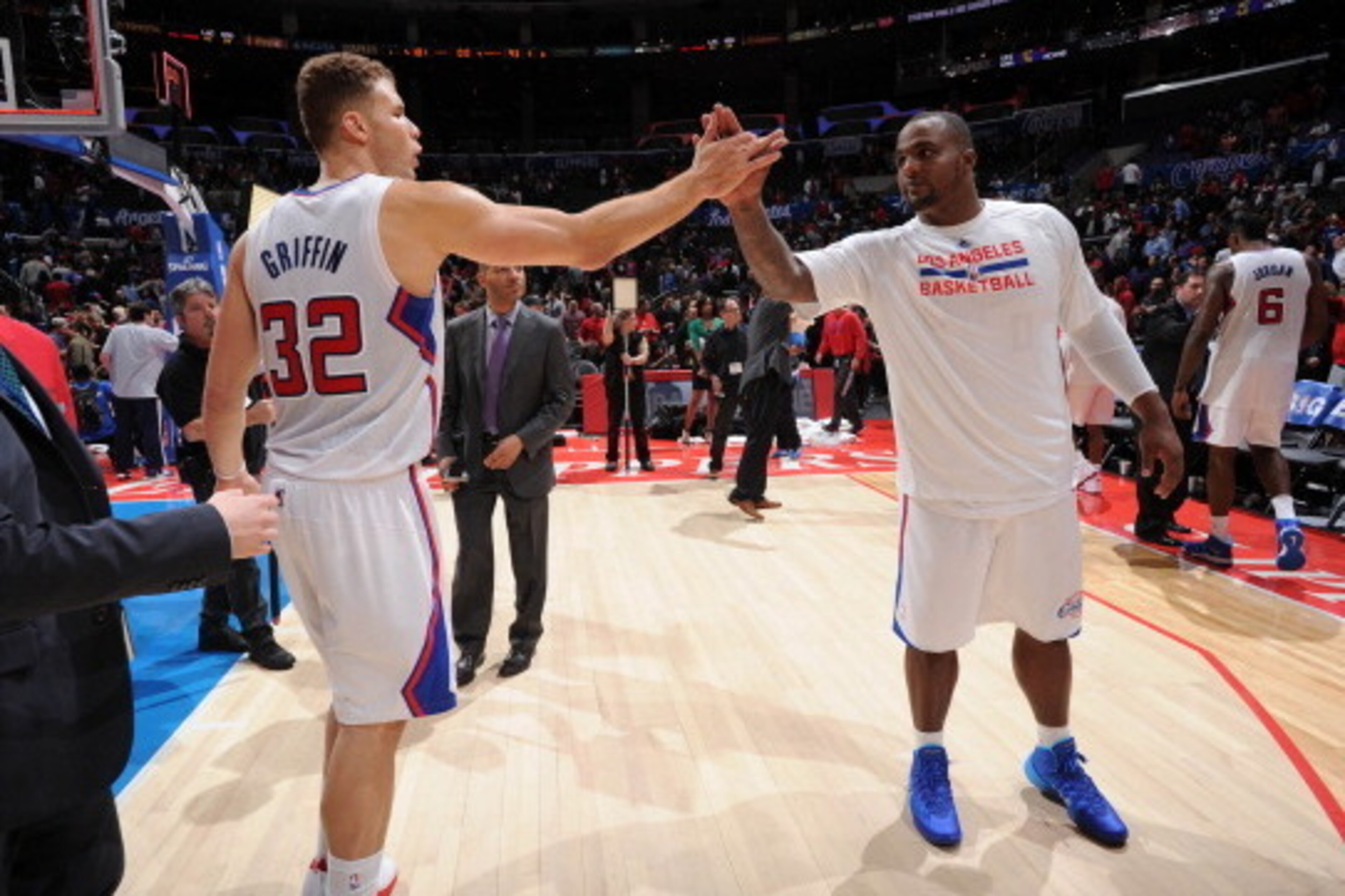 LOS ANGELES, CA - FEBRUARY 26: Blake Griffin #32 and Glen Davis #0 of the Los Angeles Clippers celebrate after their victory over the Houston Rockets at Staples Center on February 26, 2014 in Los Angeles, California. NOTE TO USER: User expressly acknowled