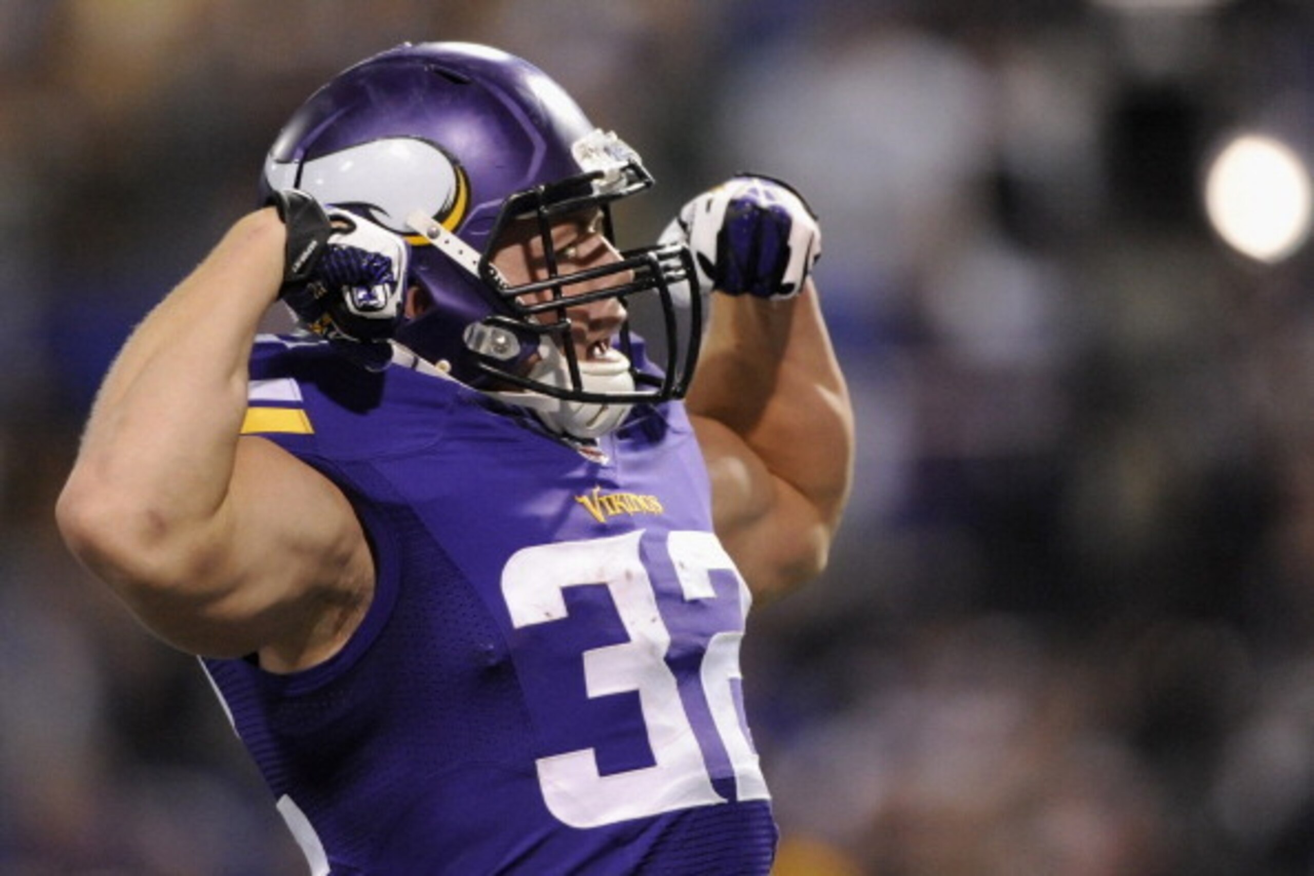 MINNEAPOLIS, MN - OCTOBER 27: Toby Gerhart #32 of the Minnesota Vikings celebrates scoring a touchdown against the Green Bay Packers during the fourth quarter of the game on October 27, 2013 at Mall of America Field at the Hubert H. Humphrey Metrodome in 