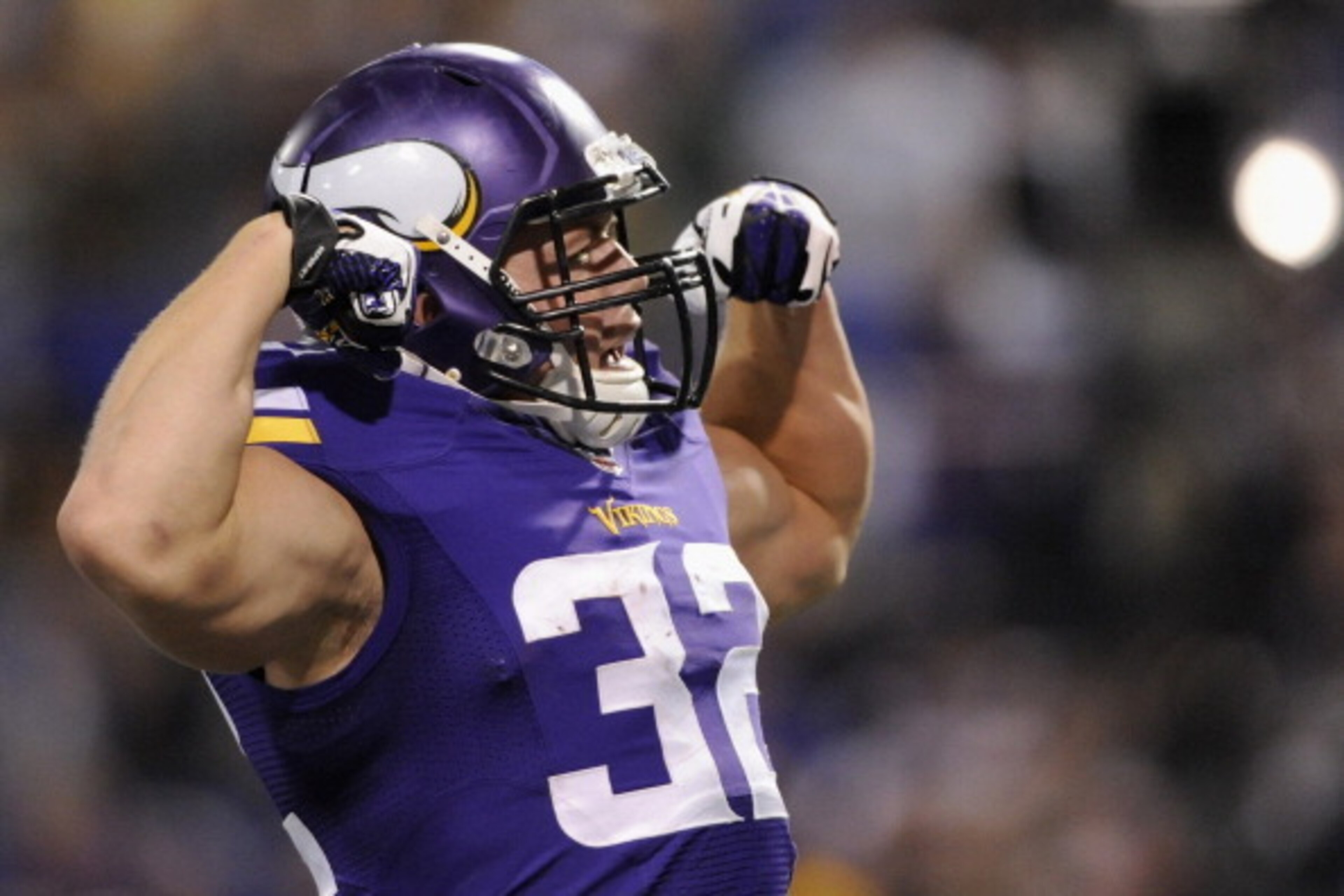 MINNEAPOLIS, MN - OCTOBER 27: Toby Gerhart #32 of the Minnesota Vikings celebrates scoring a touchdown against the Green Bay Packers during the fourth quarter of the game on October 27, 2013 at Mall of America Field at the Hubert H. Humphrey Metrodome in 