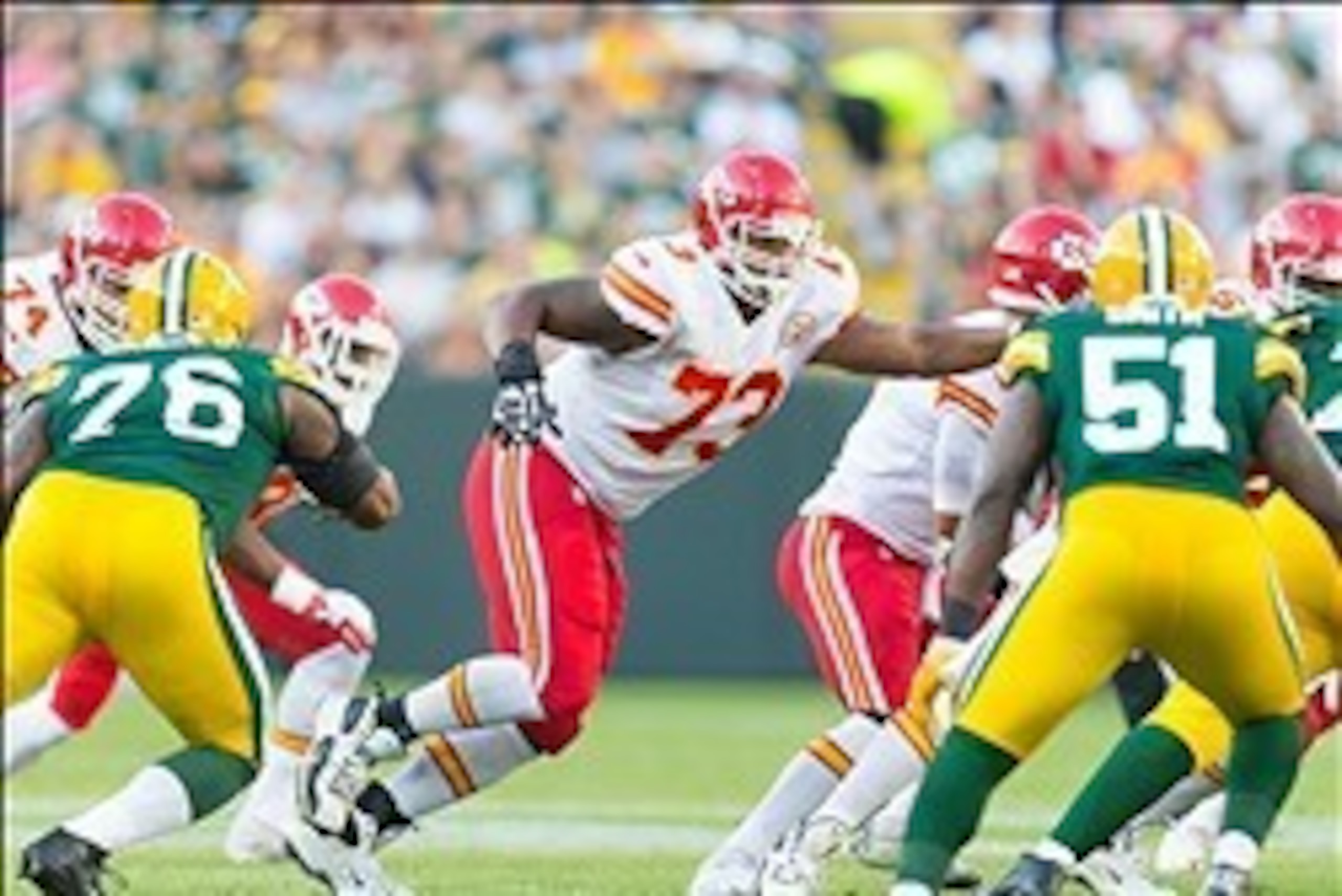 Aug 30, 2012; Green Bay, WI, USA; Kansas City Chiefs guard Jon Asamoah (73) during the game against the Green Bay Packers at Lambeau Field.  The Packers defeated the Chiefs 24-3.  Mandatory Credit: Jeff Hanisch-USA TODAY Sports