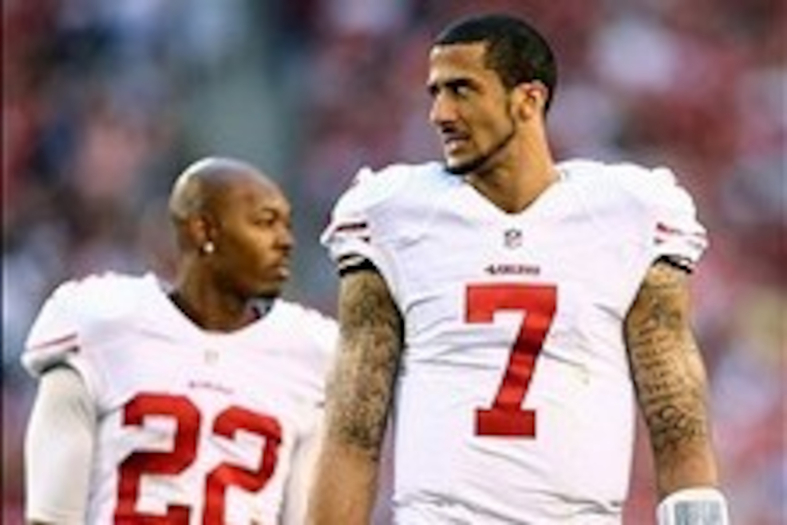 Dec 29, 2013; Phoenix, AZ, USA; San Francisco 49ers quarterback Colin Kaepernick (7) and cornerback Carlos Rogers (22) against the Arizona Cardinals at University of Phoenix Stadium. Mandatory Credit: Mark J. Rebilas-USA TODAY Sports Dec 29, 2013; Phoenix, AZ, USA; San Francisco 49ers quarterback Colin Kaepernick (7) and cornerback Carlos Rogers (22) against the Arizona Cardinals at University of Phoenix Stadium. Mandatory Credit: Mark J. Rebilas-USA TODAY Sports