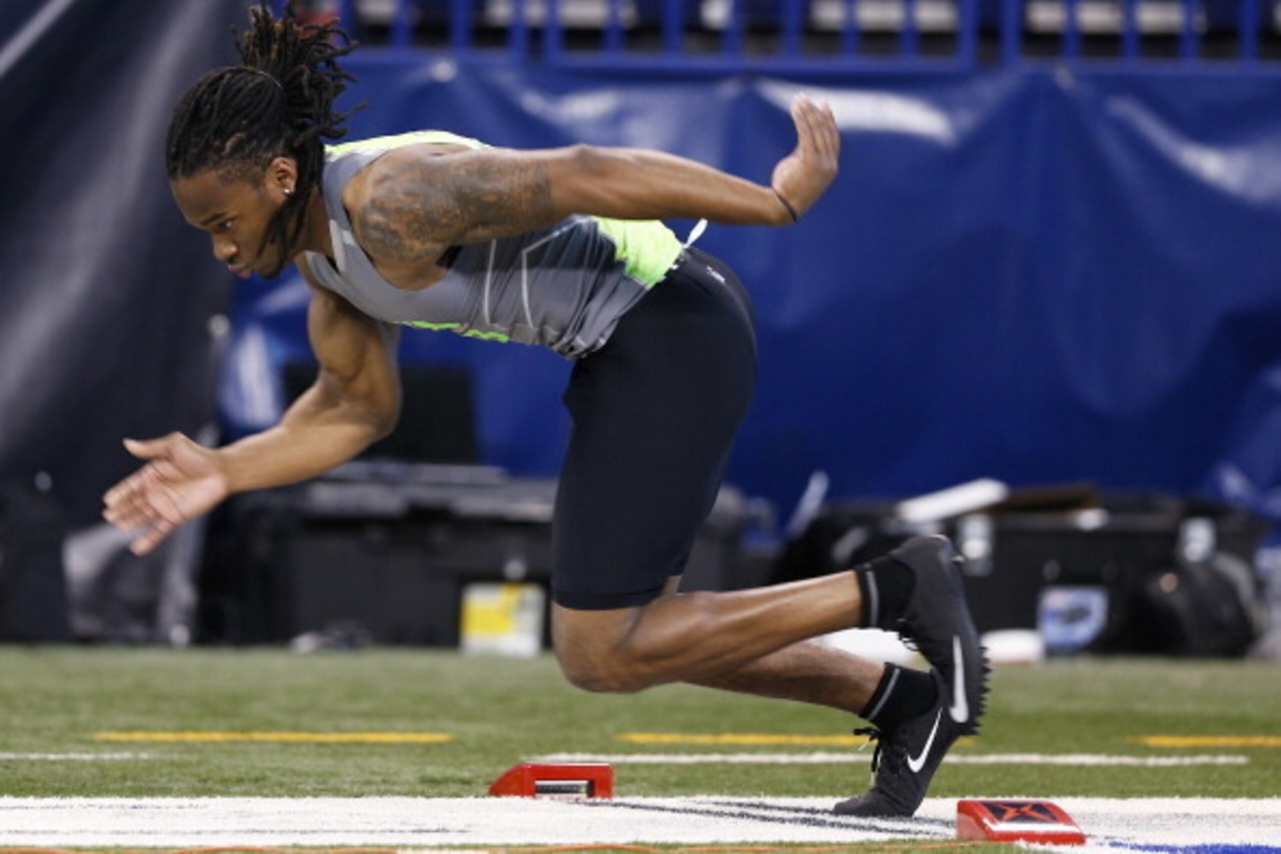 INDIANAPOLIS, IN - FEBRUARY 25: Former Ohio State defensive back Bradley Roby takes off on the 40-yard dash during the 2014 NFL Combine at Lucas Oil Stadium on February 25, 2014 in Indianapolis, Indiana. (Photo by Joe Robbins/Getty Images) INDIANAPOLIS, IN - FEBRUARY 25: Former Ohio State defensive back Bradley Roby takes off on the 40-yard dash during the 2014 NFL Combine at Lucas Oil Stadium on February 25, 2014 in Indianapolis, Indiana. (Photo by Joe Robbins/Getty Images)