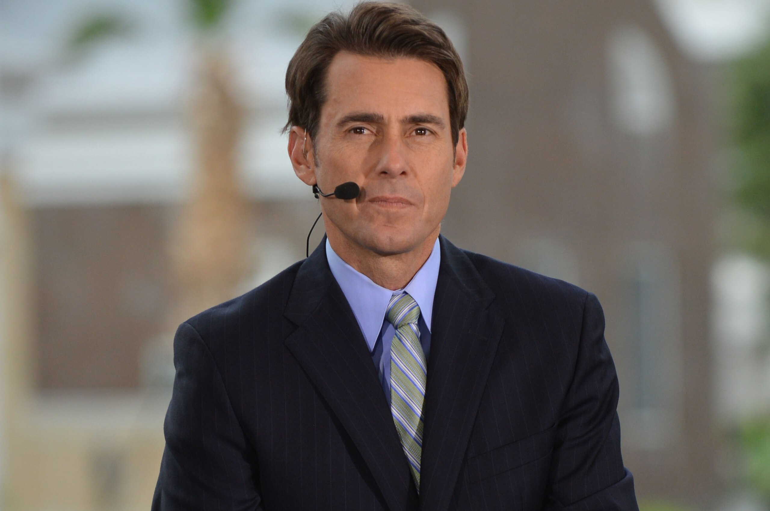 Dec 6, 2012; Nashville, TN, USA; MLB Network anchor Tom Verducci broadcasts live during the Major League Baseball winter meetings at the Gaylord Opryland Hotel. Mandatory credit: Don McPeak-USA TODAY Sports