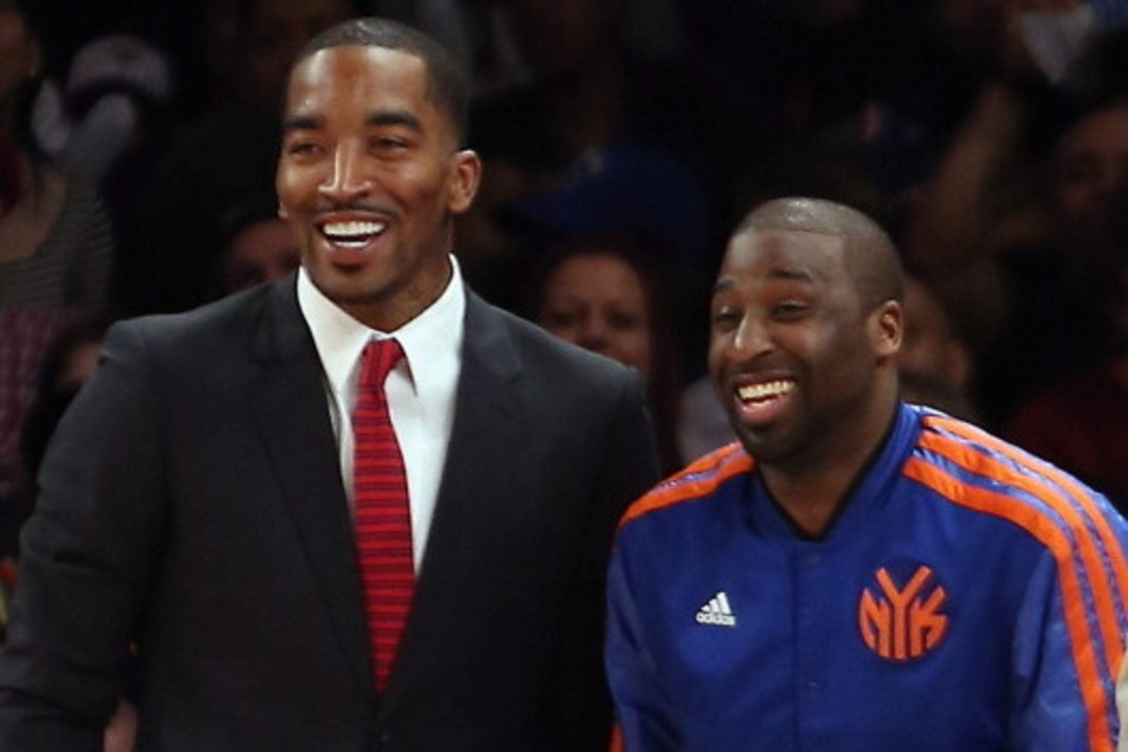 NEW YORK, NY - APRIL 17:  (L-R) J.R. Smith #8 and Raymond Felton #2 of the New York Knicks respond to a dunk by James White #4 against the Atlanta Hawks at Madison Square Garden on April 17, 2013 in New York City. The Knicks defeated the Hawks 98-92. NOTE