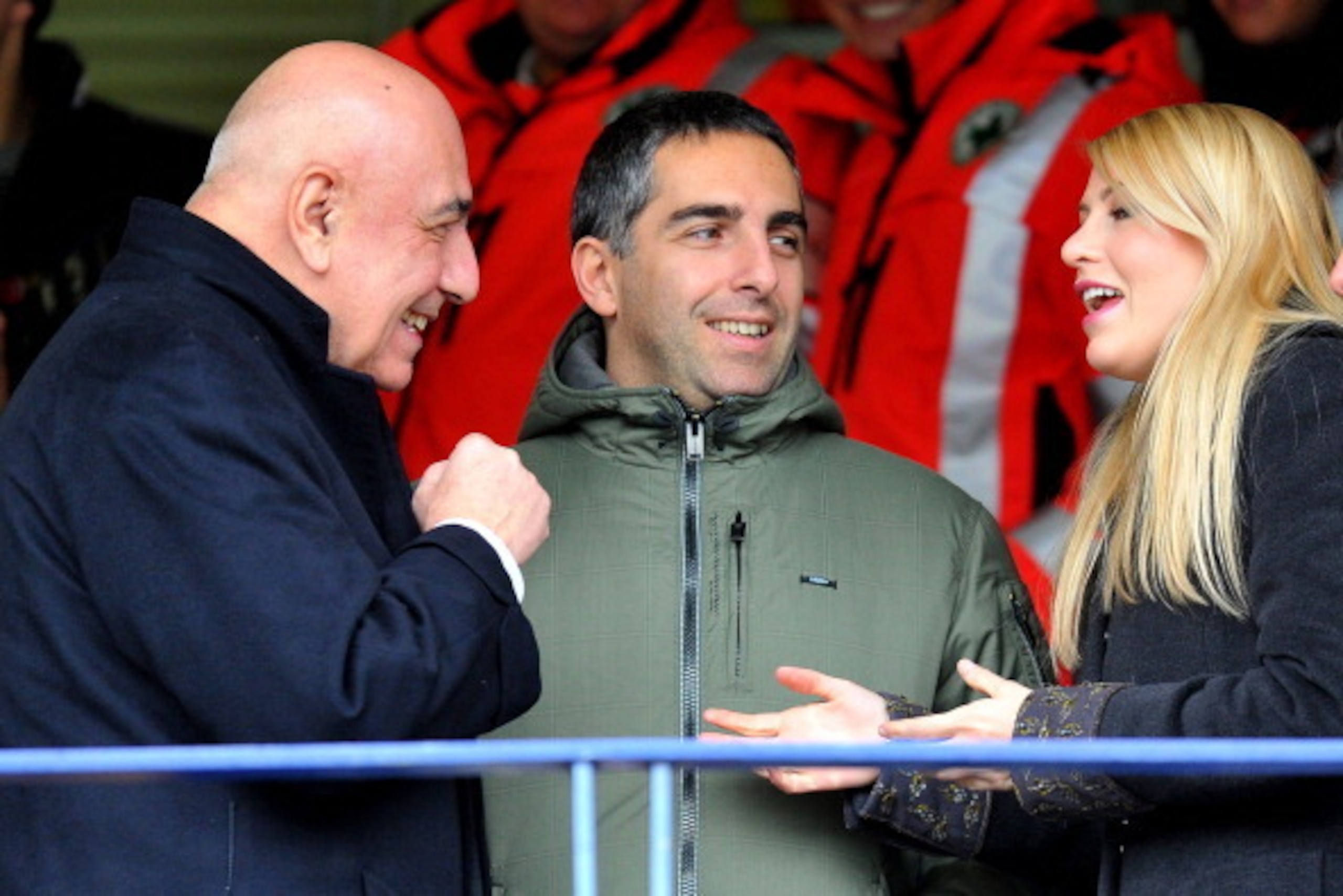 VERONA, ITALY - FEBRUARY 20: AC Milan Managing director Adriano Galliani speaks with Barbara Berlusconi the daughter of Italy's Prime Minister Silvio Berlusconi during the Serie A match between AC Chievo Verona and AC Milan at Stadio Marc'Antonio Bentegod