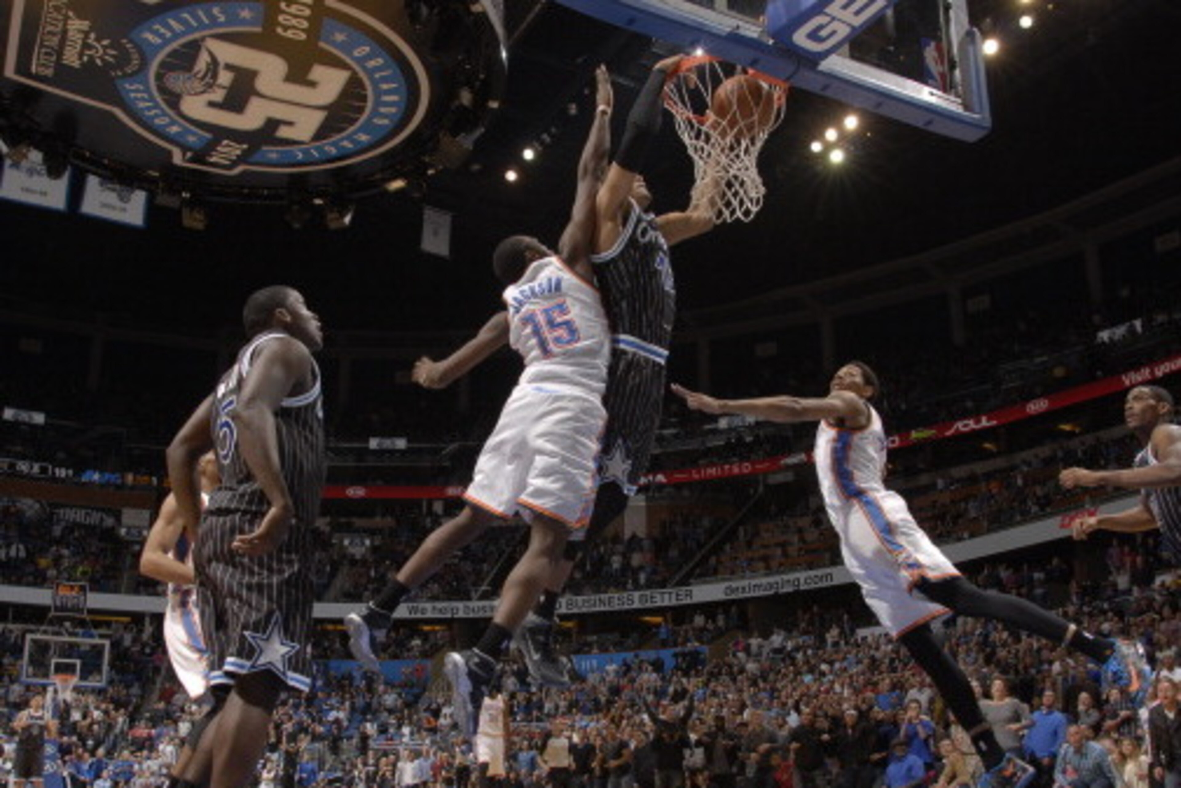 ORLANDO, FL - FEBRUARY 7: Tobias Harris #12 of the Orlando Magic dunks the ball for the game winner, against the Oklahoma City Thunder during the game on February 7, 2014 at Amway Center in Orlando, Florida. NOTE TO USER: User expressly acknowledges and a
