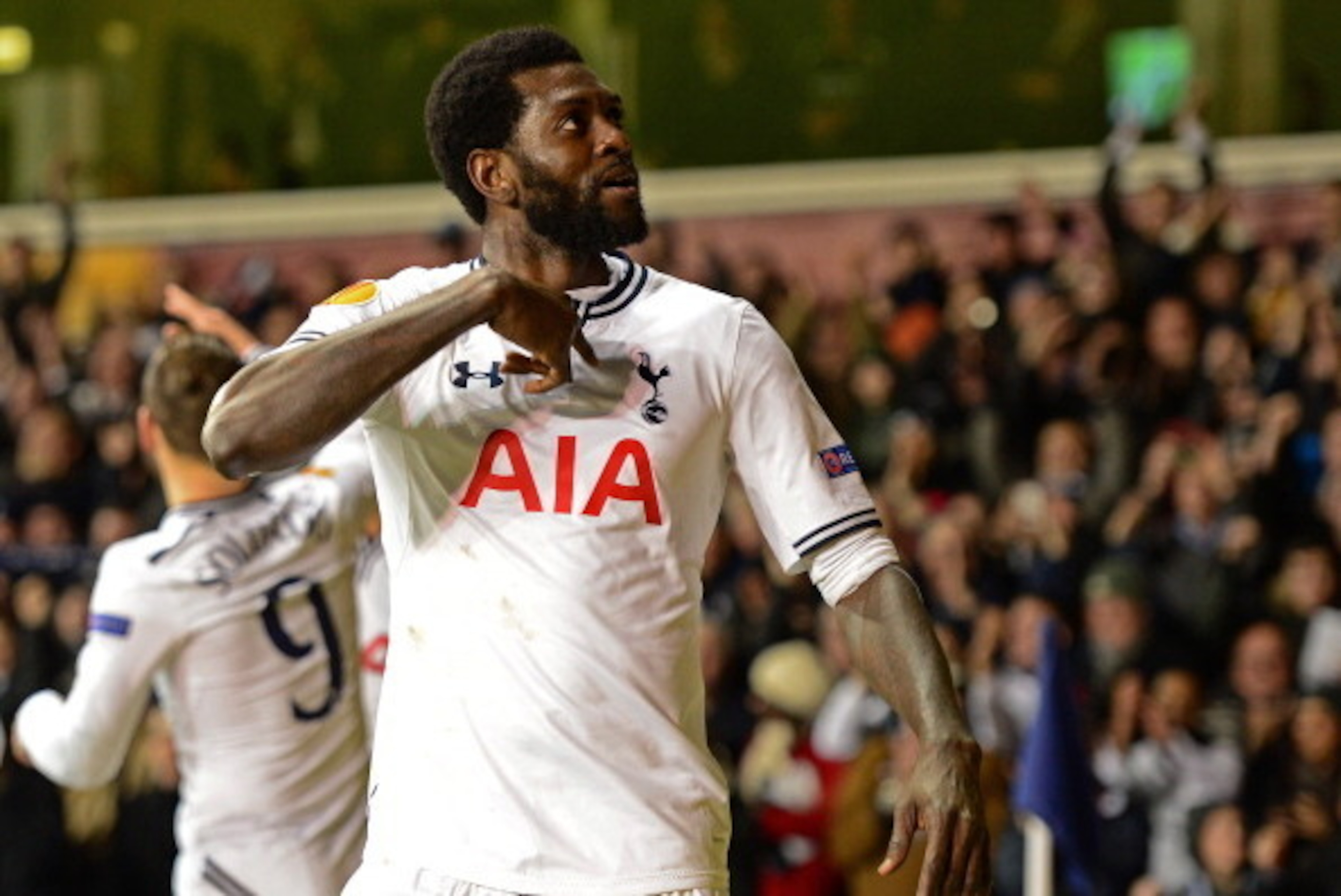 LONDON, ENGLAND - FEBRUARY 27:  Emmanuel Adebayor of Tottenham Hotspur celebrates after scoring a goal during the UEFA Europa League Round of 32 second leg match between Tottenham Hotspur and  FC Dnipro Dnipropetrovsk at White Hart Lane on February 27, 20