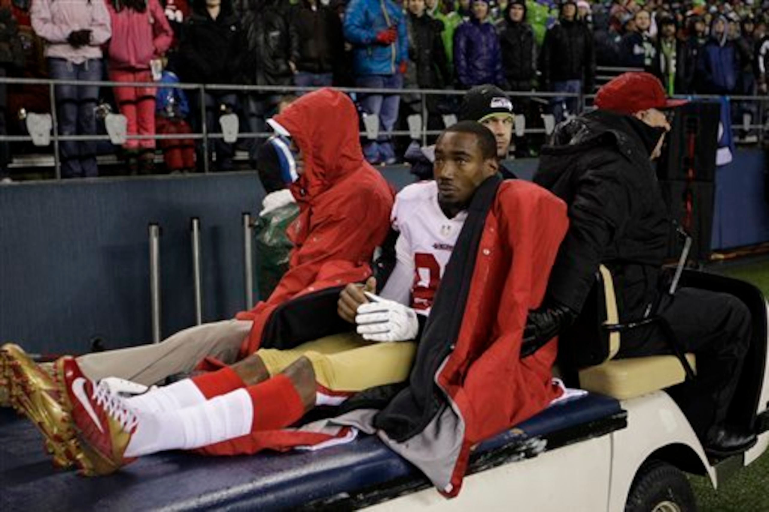 Familiar sight much? Mario Manningham is carted off following his knee injury suffered in 2012.