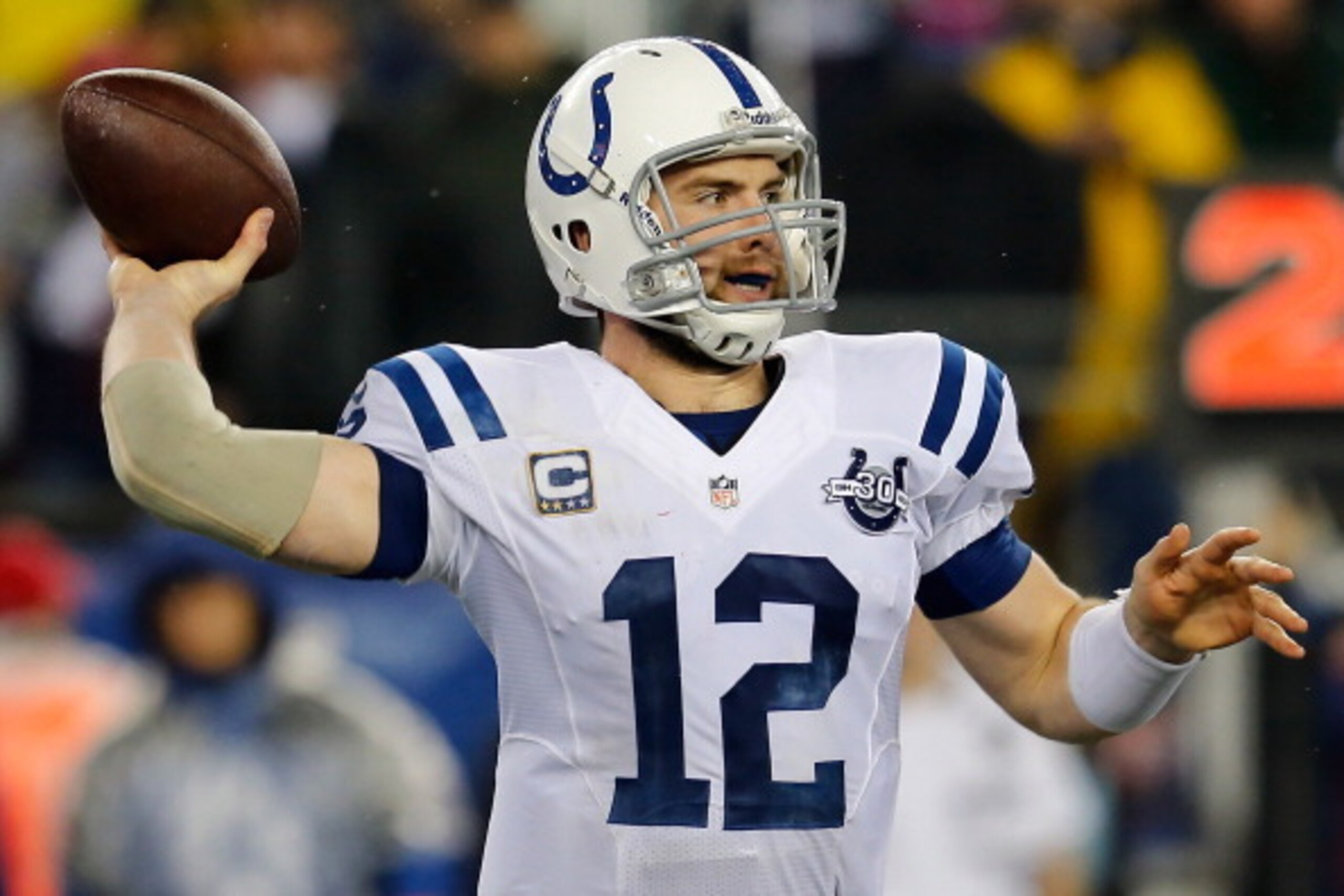 FOXBORO, MA - JANUARY 11:   Andrew Luck #12 of the Indianapolis Colts throws a pass against the New England Patriots during the AFC Divisional Playoff game at Gillette Stadium on January 11, 2014 in Foxboro, Massachusetts.  (Photo by Jim Rogash/Getty Imag