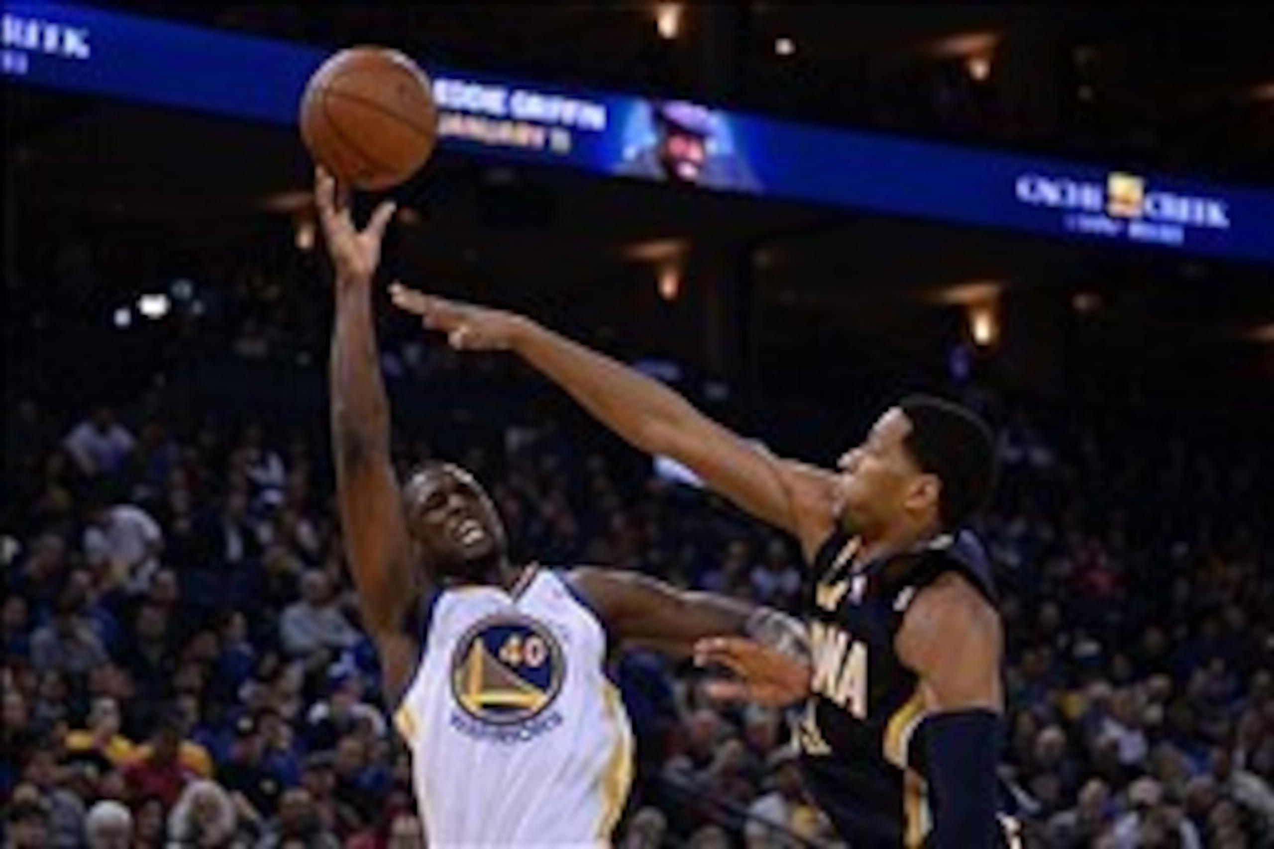 January 20, 2014; Oakland, CA, USA; Golden State Warriors small forward Harrison Barnes (40, left) shoots the ball against Indiana Pacers small forward Danny Granger (33) during the second quarter at Oracle Arena. Mandatory Credit: Kyle Terada-USA TODAY S