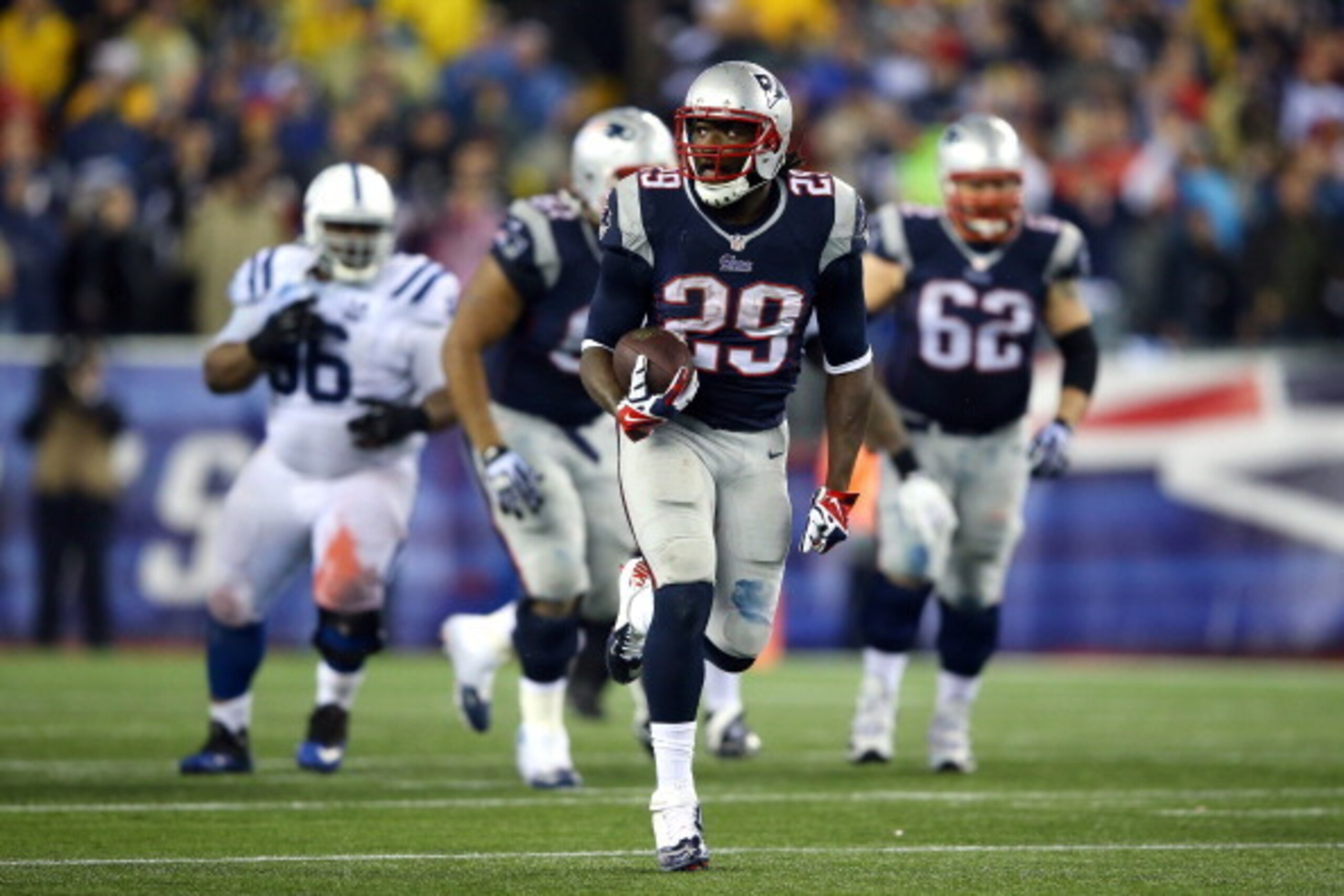 FOXBORO, MA - JANUARY 11:  LeGarrette Blount #29 of the New England Patriots runs a 73 yard touchdown in the fourth quarter against the Indianapolis Colts during the AFC Divisional Playoff game at Gillette Stadium on January 11, 2014 in Foxboro, Massachus