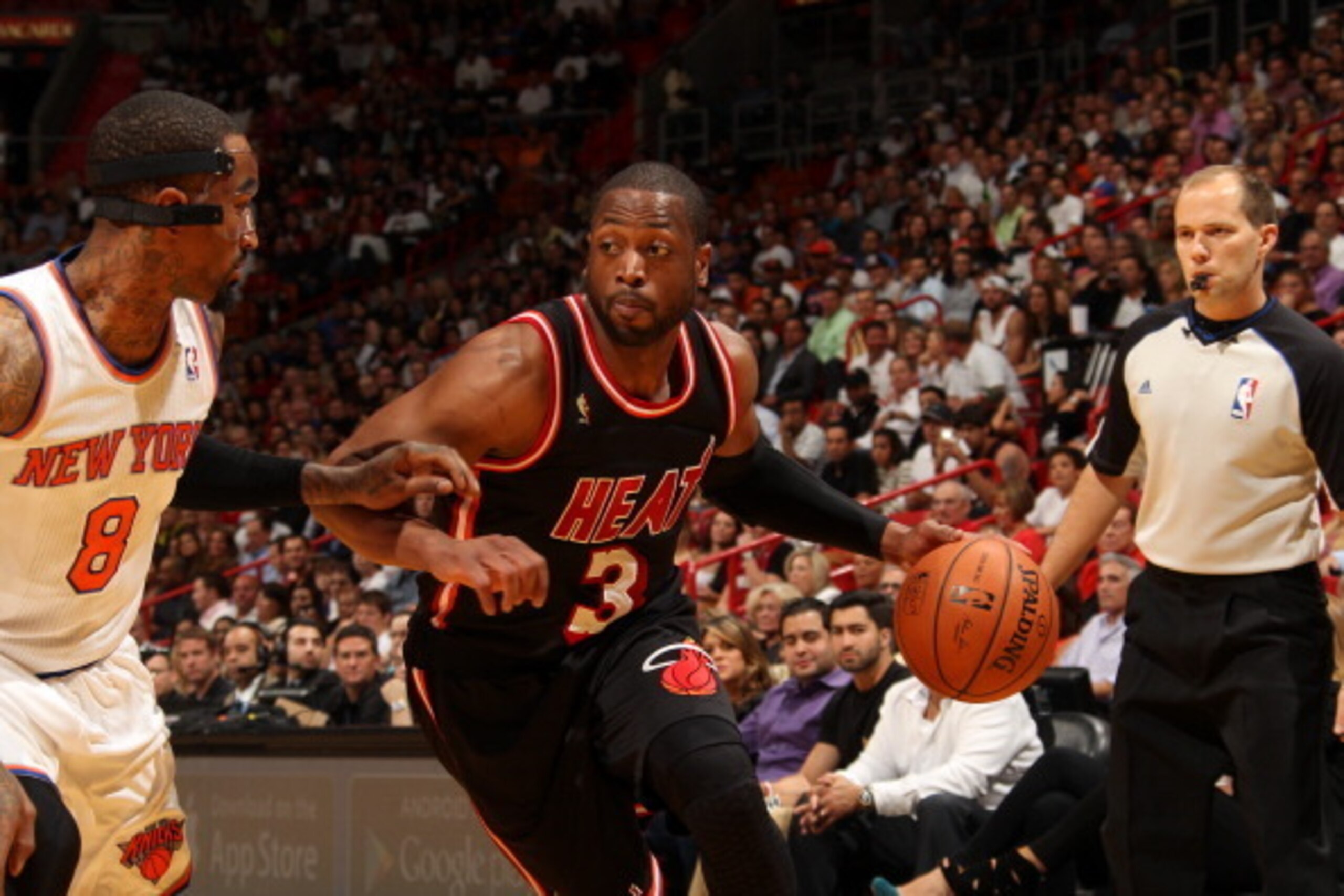MIAMI, FL - February 27: Dwyane Wade #3 of the Miami Heat handles the ball during a game against the New York Knicks at the American Airlines Arena in Miami, Florida on Feb. 27, 2014. NOTE TO USER: User expressly acknowledges and agrees that, by downloadi
