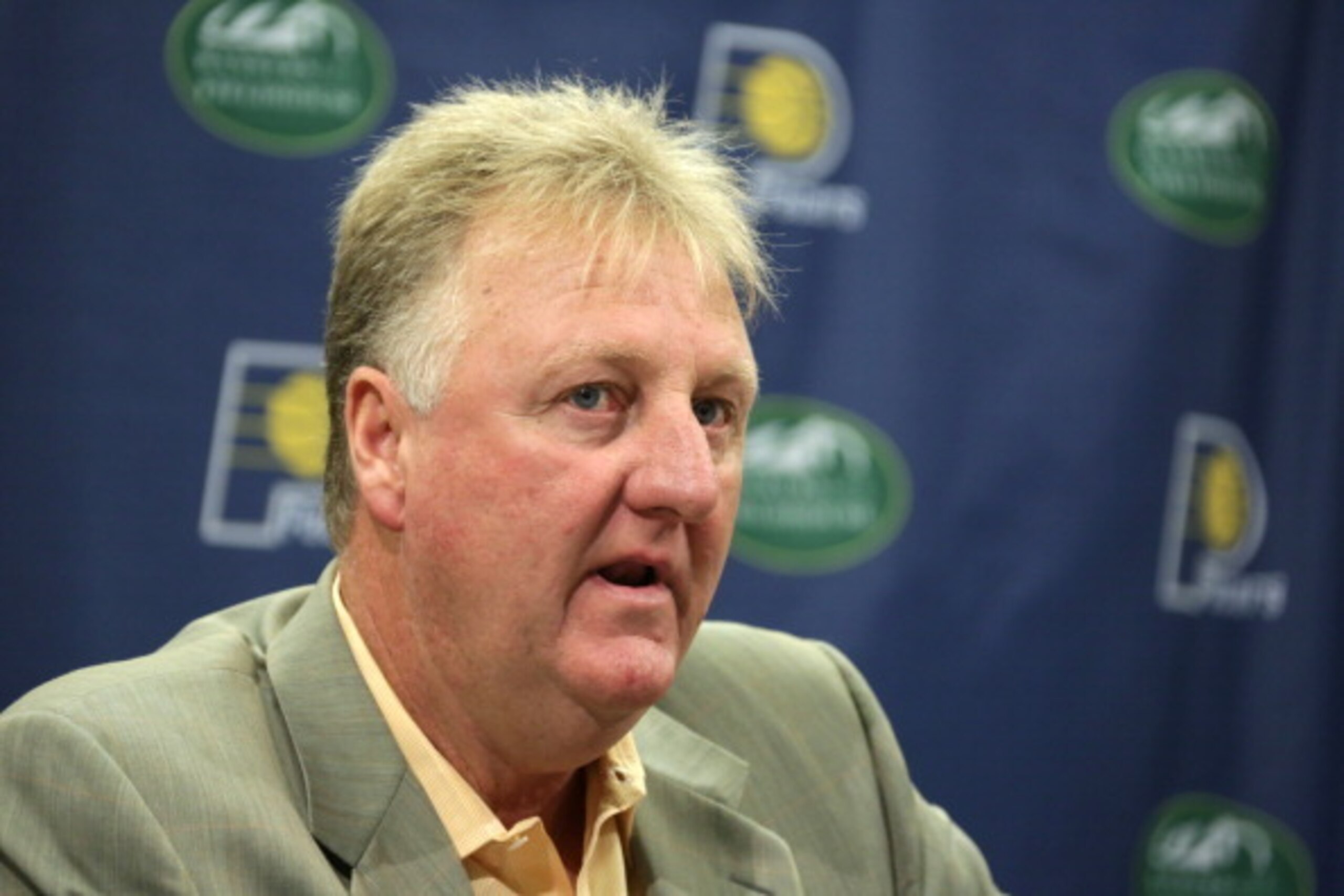 INDIANAPOLIS, IN - JUNE 27: Larry Bird speaks to the media as he returned to the Indiana Pacers front office as the President of Basketball Operations on June 27, 2013 at Bankers Life Fieldhouse in Indianapolis, Indiana. NOTE TO USER: User expressly ackn INDIANAPOLIS, IN - JUNE 27: Larry Bird speaks to the media as he returned to the Indiana Pacers front office as the President of Basketball Operations on June 27, 2013 at Bankers Life Fieldhouse in Indianapolis, Indiana. NOTE TO USER: User expressly ackn