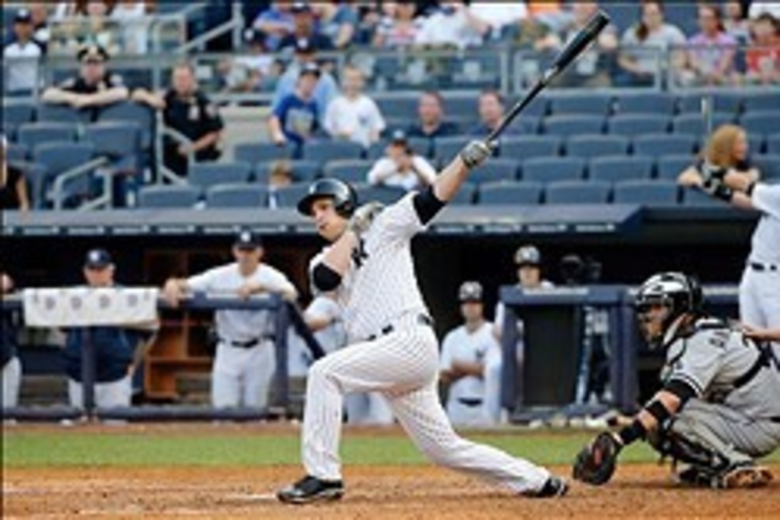 Sep 2, 2013; Bronx, NY, USA; New York Yankees catcher J.R. Murphy (66) hitting for second baseman Robinson Cano (24) (not pictured) reaches on an infield single to third during the eighth inning against the Chicago White Sox at Yankee Stadium. Yankees wo Sep 2, 2013; Bronx, NY, USA; New York Yankees catcher J.R. Murphy (66) hitting for second baseman Robinson Cano (24) (not pictured) reaches on an infield single to third during the eighth inning against the Chicago White Sox at Yankee Stadium. Yankees wo