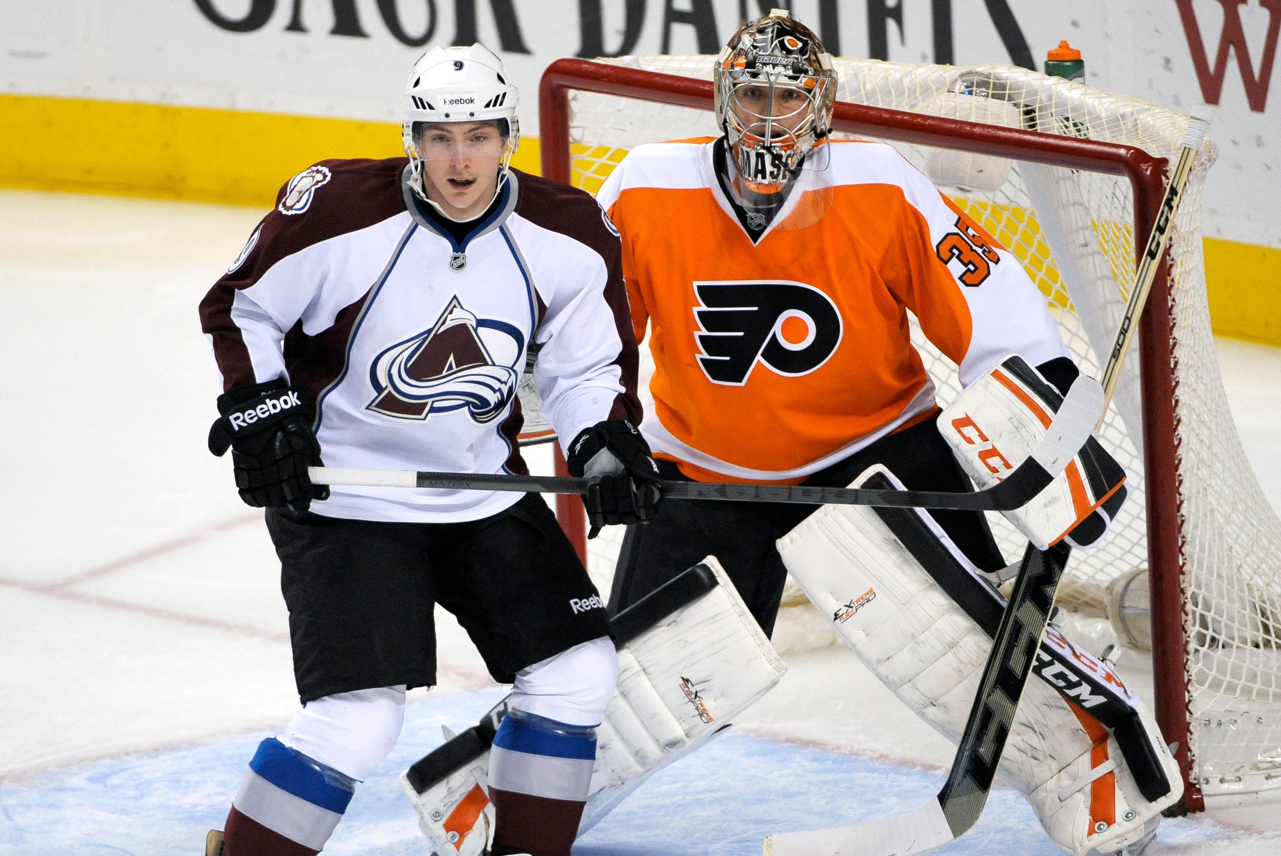 Feb 6, 2014; Philadelphia, PA, USA; Colorado Avalanche center Matt Duchene (9) screens ]Philadelphia Flyers goalie Steve Mason (35) during the first period at Wells Fargo Center. Mandatory Credit: Eric Hartline-USA TODAY Sports