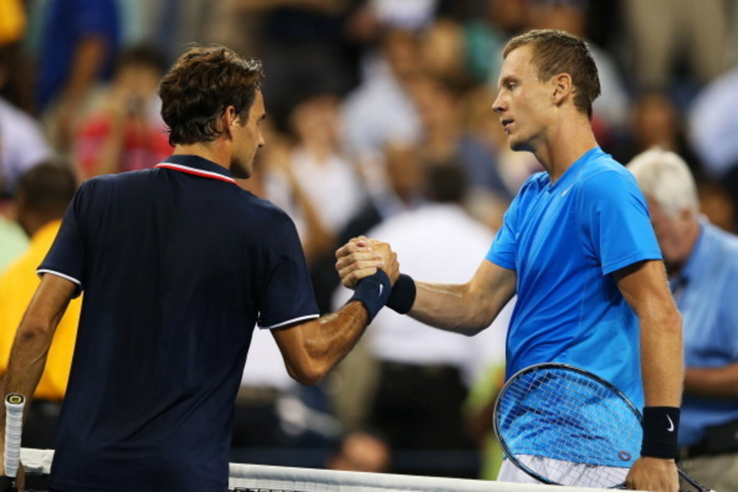 NEW YORK, NY - SEPTEMBER 05:  Tomas Berdych of the Czech Republic shakes hands with Roger Federer of Switzerland after their men's singles quarterfinal match against on Day Ten of the 2012 US Open at USTA Billie Jean King National Tennis Center on Septemb
