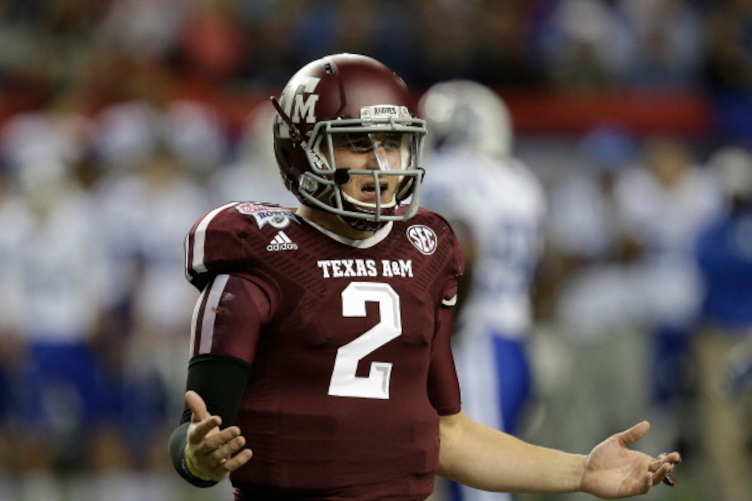 ATLANTA, GA - DECEMBER 31:  Quarterback Johnny Manziel #2 of the Texas A&M Aggies argues a call during the the Chick-fil-A Bowl game against the Duke Blue Devils at the Georgia Dome on December 31, 2013 in Atlanta, Georgia.  (Photo by Mike Zarrilli/Getty 
