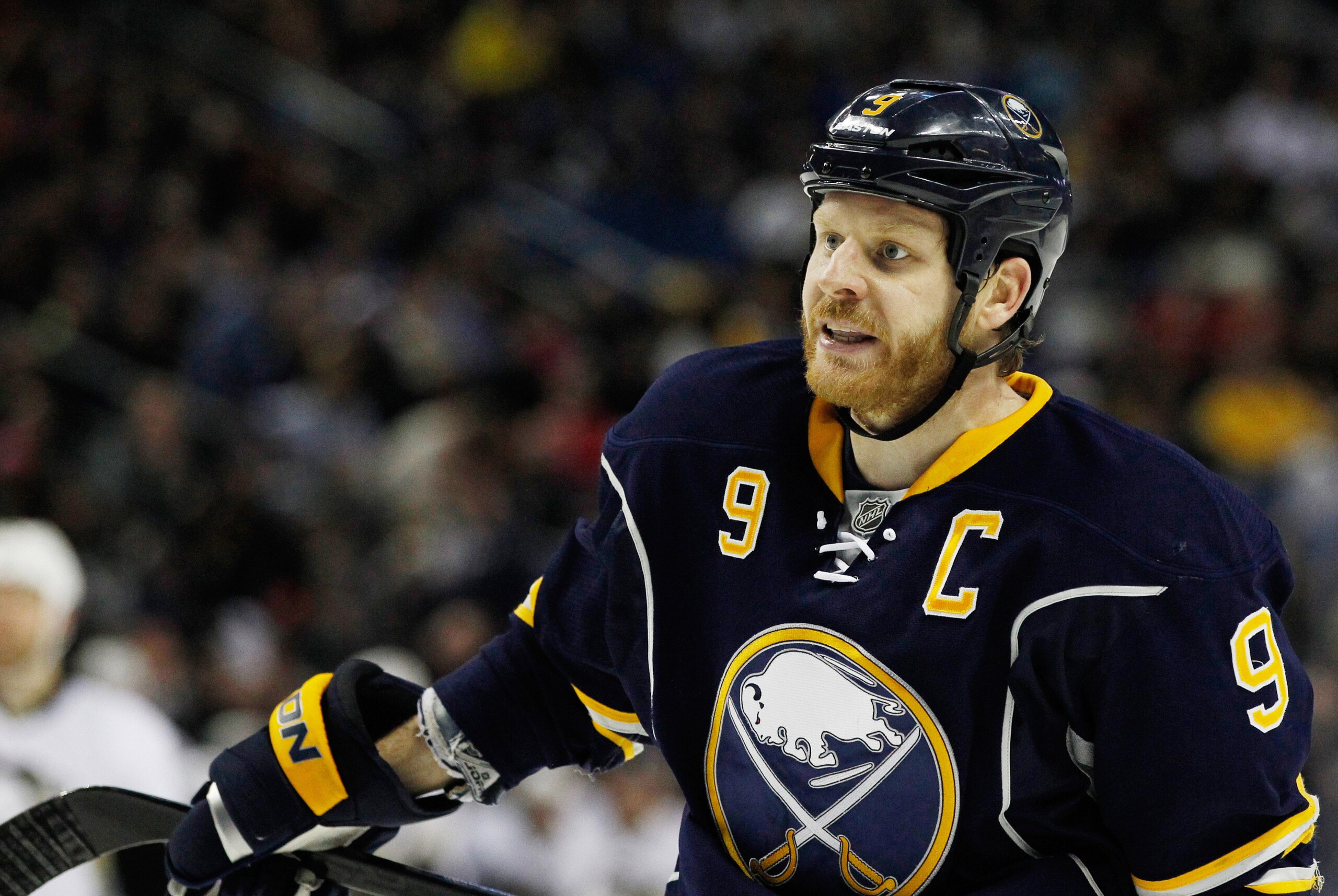 Feb 5, 2014; Buffalo, NY, USA; Buffalo Sabres center Steve Ott (9) during the game against the Pittsburgh Penguins at First Niagara Center. Mandatory Credit: Kevin Hoffman-USA TODAY Sports