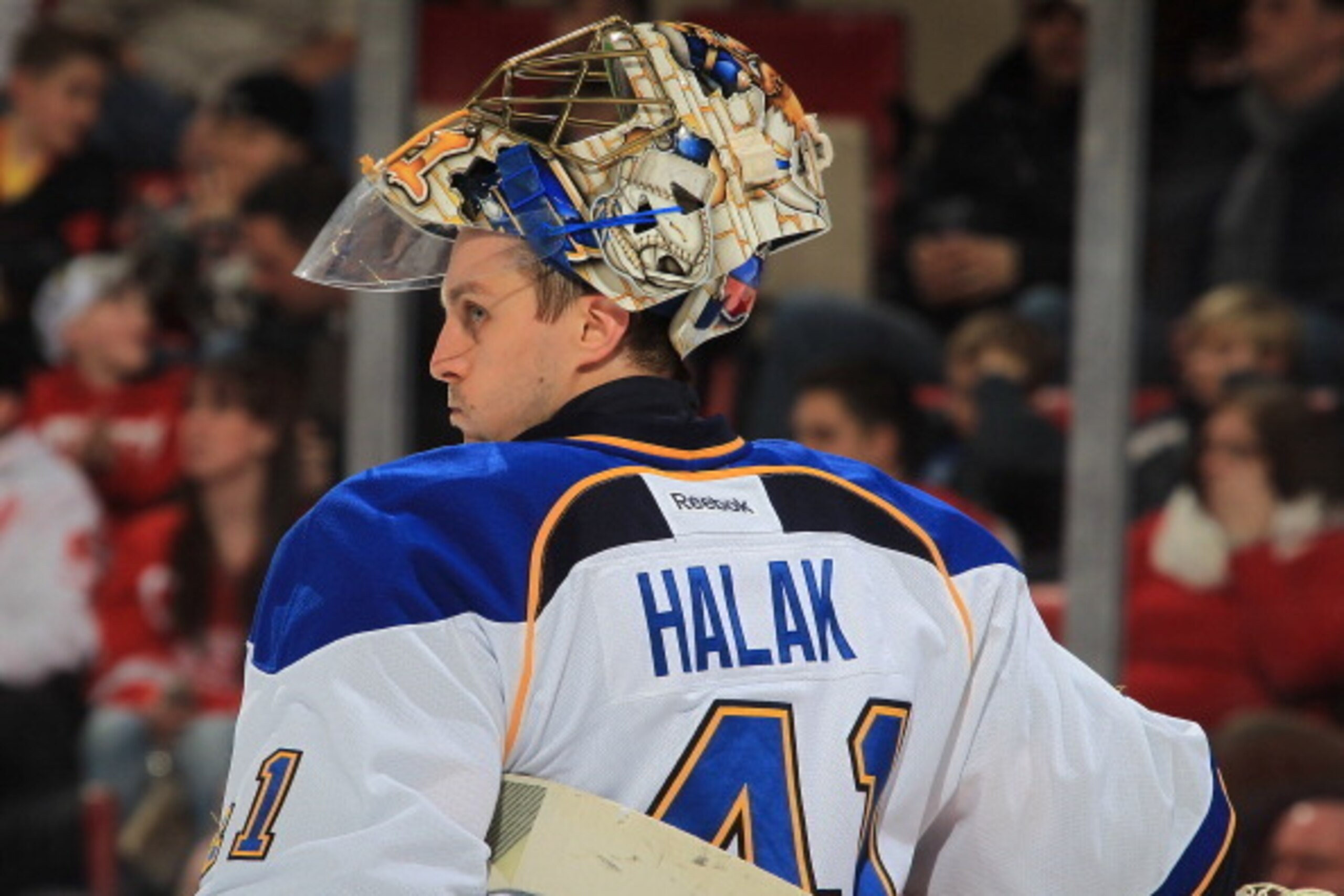 DETROIT, MI - JANUARY 20: Jaroslav Halak #41 of the St. Louis Blues gets a drink of water on a play stoppage during an NHL game against the Detroit Red Wings on January 20, 2014 at Joe Louis Arena in Detroit, Michigan. The Blues defeated the Wings 4-1 (Ph
