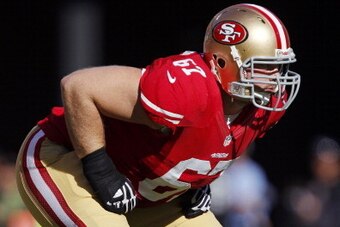 SAN FRANCISCO, CA - NOVEMBER 11:  Guard Daniel Kilgore #67 of the San Francisco 49ers lines up against the St. Louis Rams in the first quarter on November 11, 2012 at Candlestick Park in San Francisco, California.  The teams tied 24-24 in overtime.  (Phot