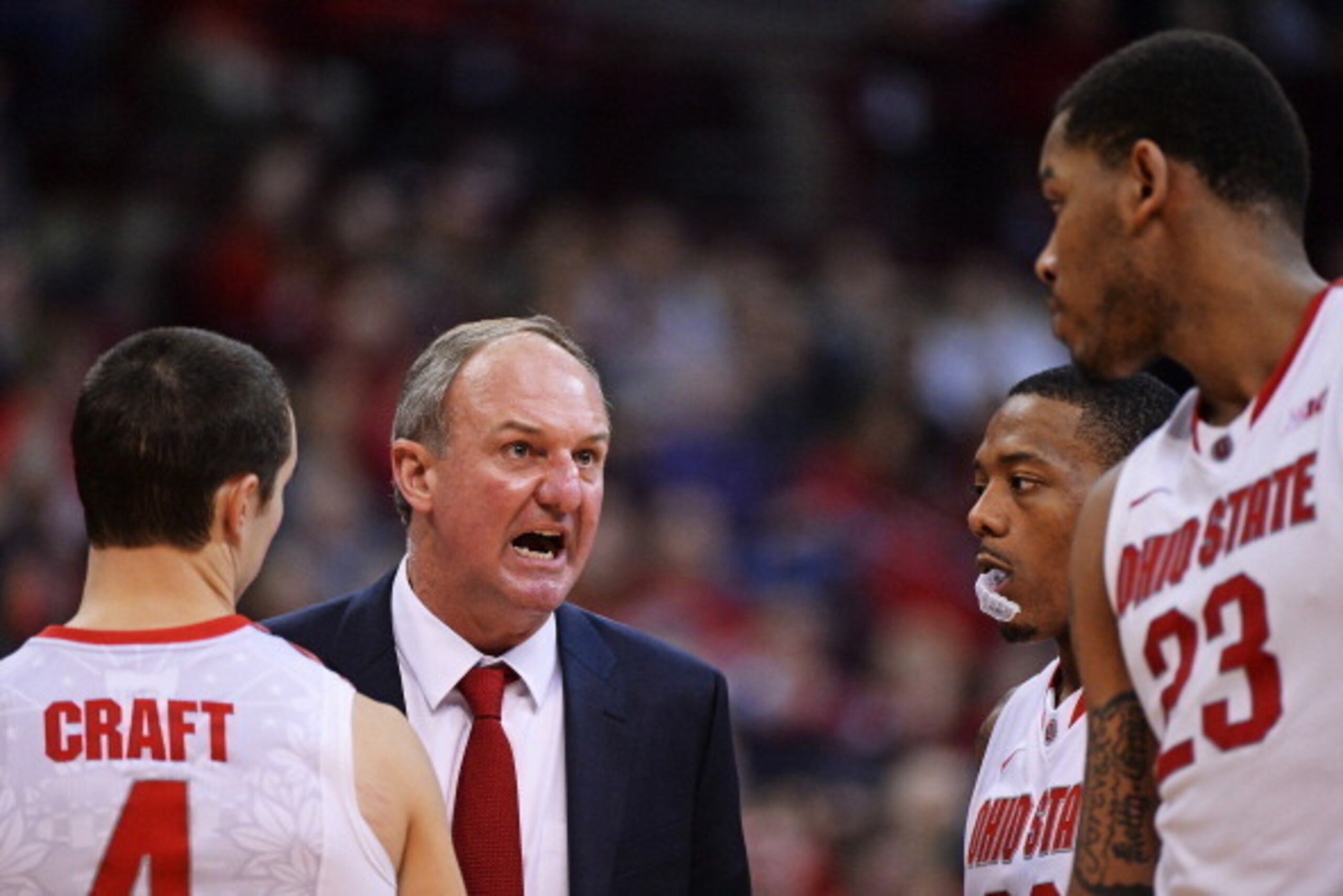 COLUMBUS, OH - FEBRUARY 19:  Head coach Thad Matta of the Ohio State Buckeyes gives instructions to his players in the second half against the Northwestern Wildcats on February 19, 2014 at Value City Arena in Columbus, Ohio. Ohio State defeated Northweste