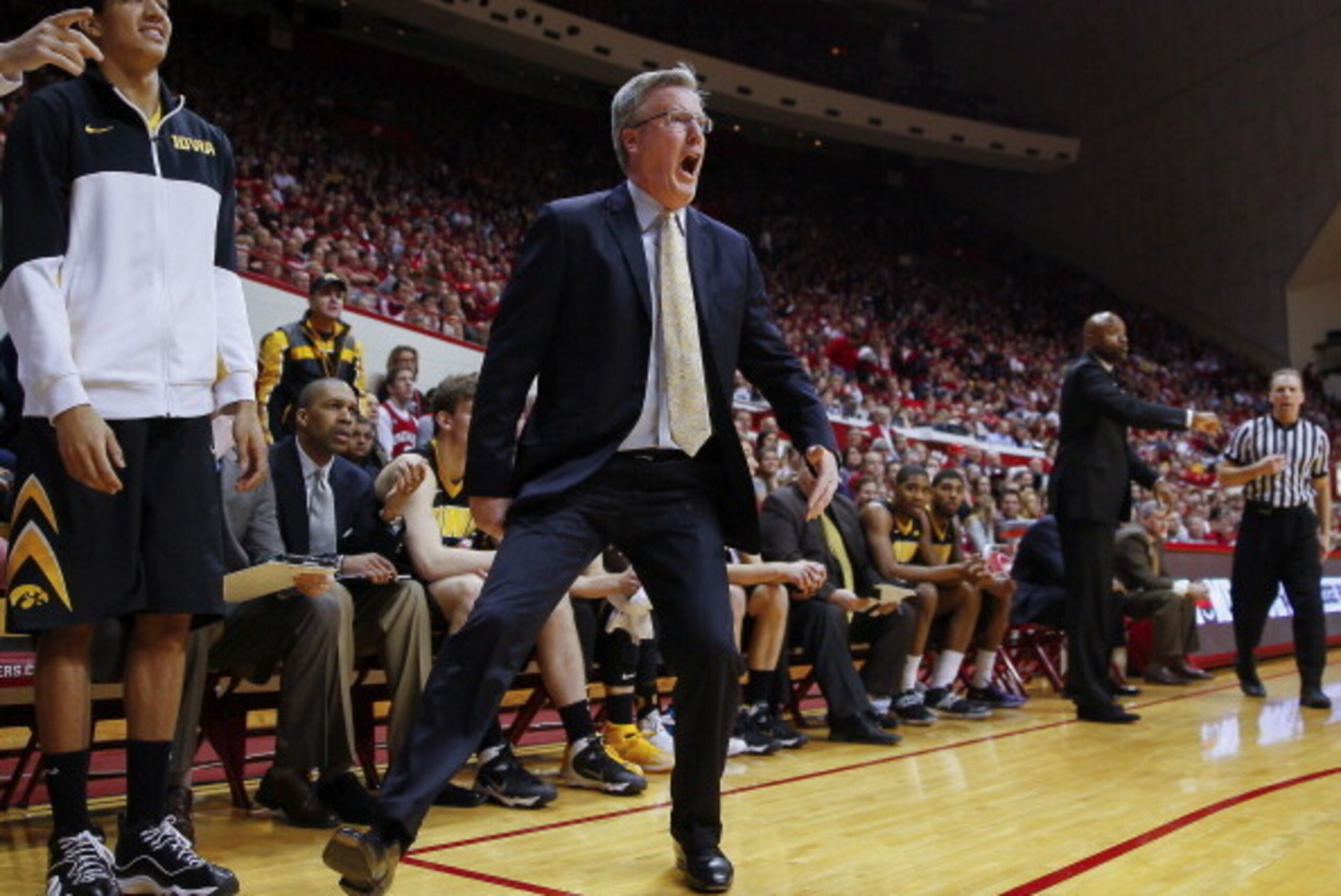 BLOOMINGTON, IN - FEBRUARY 27: Head coach Fran McCaffery of the Iowa Hawkeyes protests a call during the game against the Indiana Hoosiers at Assembly Hall on February 27, 2014 in Bloomington, Indiana. (Photo by Michael Hickey/Getty Images)