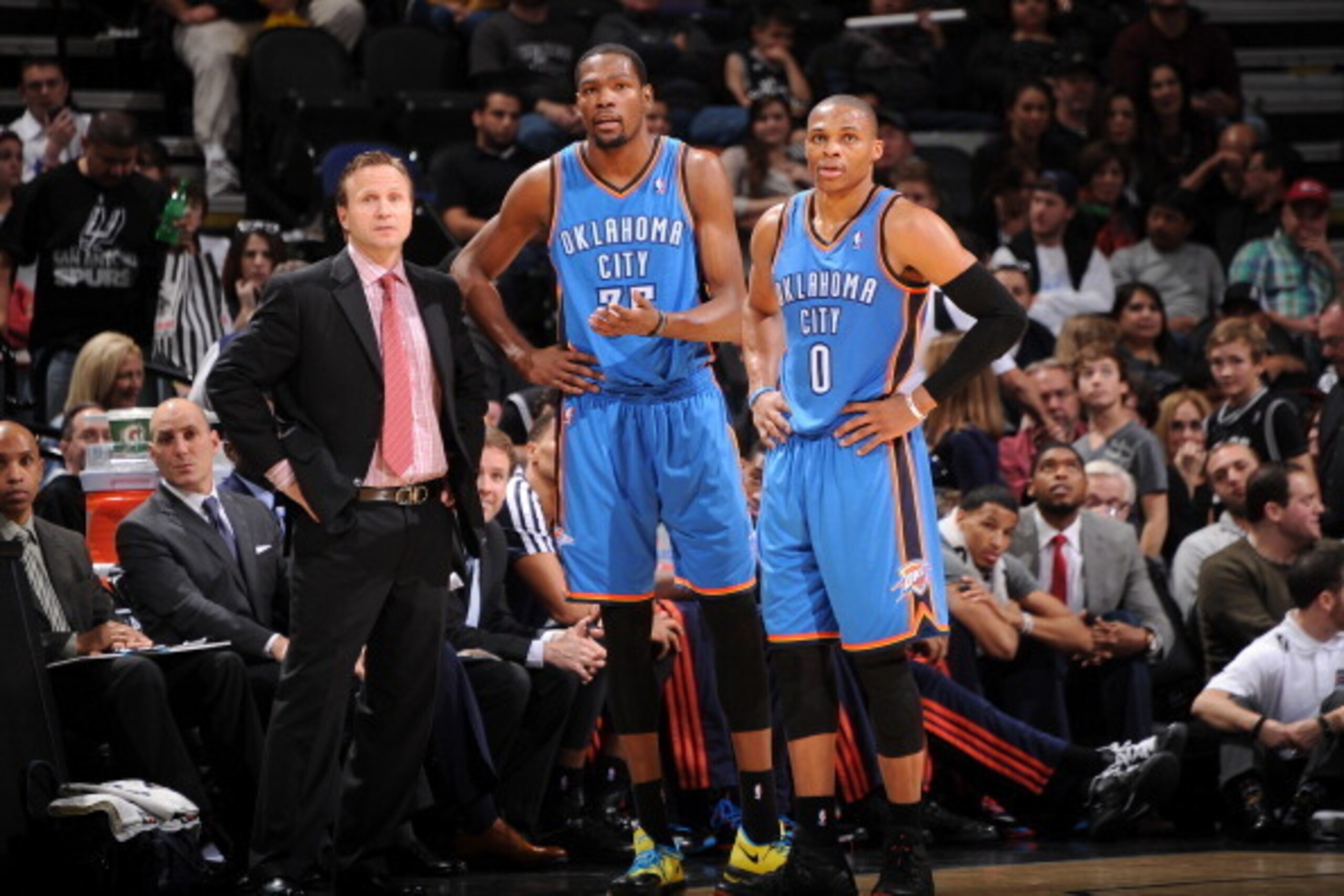 SAN ANTONIO, TX - DECEMBER 21:  Scott Brooks, Kevin Durant #35 and Russell Westbrook #0 of the Oklahoma City Thunder talk during the game against the San Antonio Spurs on December 21, 2013 at AT&T Arena in San Antonio Texas, Texas. NOTE TO USER: User expr