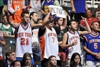 Jun 27, 2013; Brooklyn, NY, USA; New York Knicks fans cheer after Tim Hardaway Jr. (not pictured) was selected as the number twenty-four overall pick to the Knicks during the 2013 NBA Draft at the Barclays Center. Mandatory Credit: Joe Camporeale-USA TODA