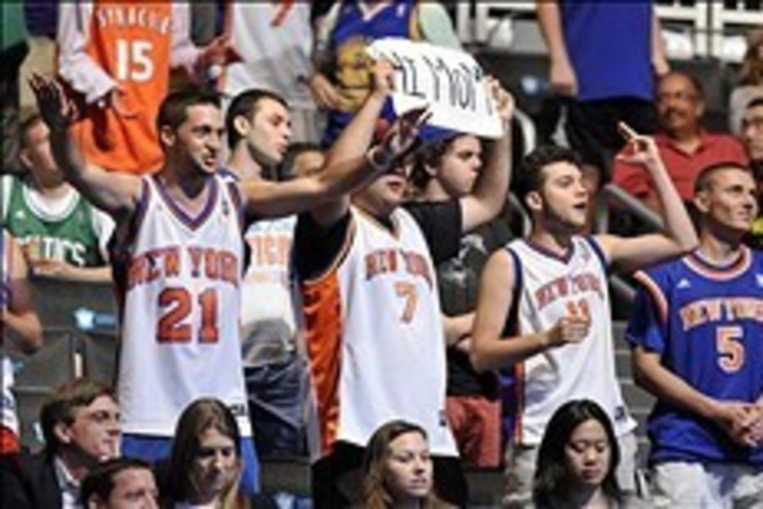 Jun 27, 2013; Brooklyn, NY, USA; New York Knicks fans cheer after Tim Hardaway Jr. (not pictured) was selected as the number twenty-four overall pick to the Knicks during the 2013 NBA Draft at the Barclays Center. Mandatory Credit: Joe Camporeale-USA TODA
