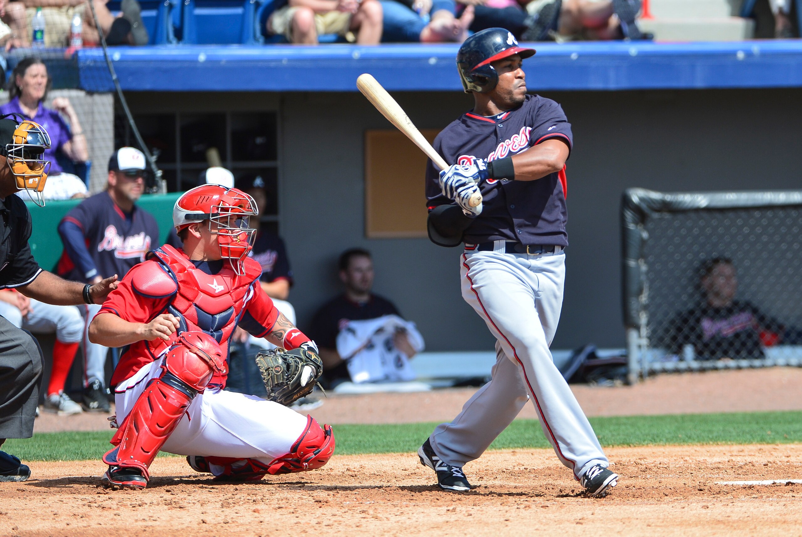 Mar 1, 2014; Melbourne, FL, USA; Atlanta Braves left fielder Jose Constanza (13) singles to right field during the third inning against the Washington Nationals at Space Coast Stadium. Mandatory Credit: Tommy Gilligan-USA TODAY Sports