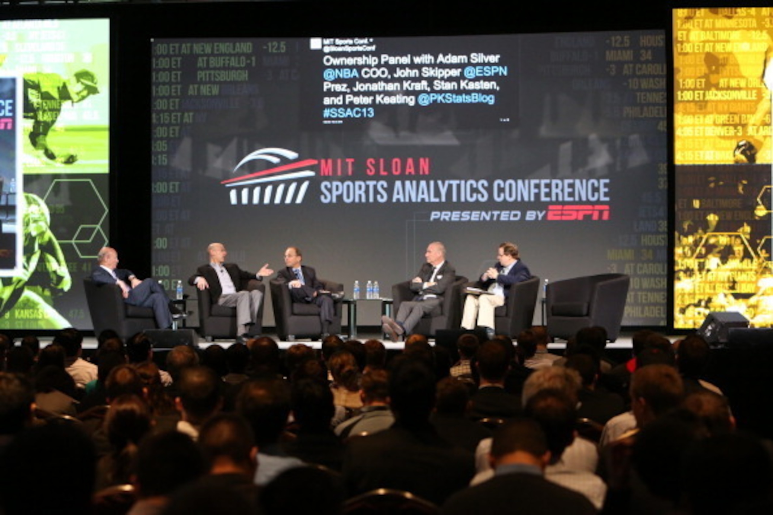 Boston, MA - MARCH 2:   (L-R)  Stan Kasten President & CEO, Los Angeles Dodgers, Adam Silver Deputy Commissioner & COO, NBA, Jonathan Kraft President, The Kraft Group, John Skipper President, ESPN, and Peter Keating Senior Writer, ESPN during the 2013 MIT
