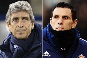 FILE PHOTO - EDITORS NOTE: COMPOSITE OF TWO IMAGES - Image Numbers 453706157 (L) and 461787467) In this composite image a comparison has been made between Manuel Pellegrini manager of Manchester City  (L) and Sunderland manager Gus Poyet. Manchester City 