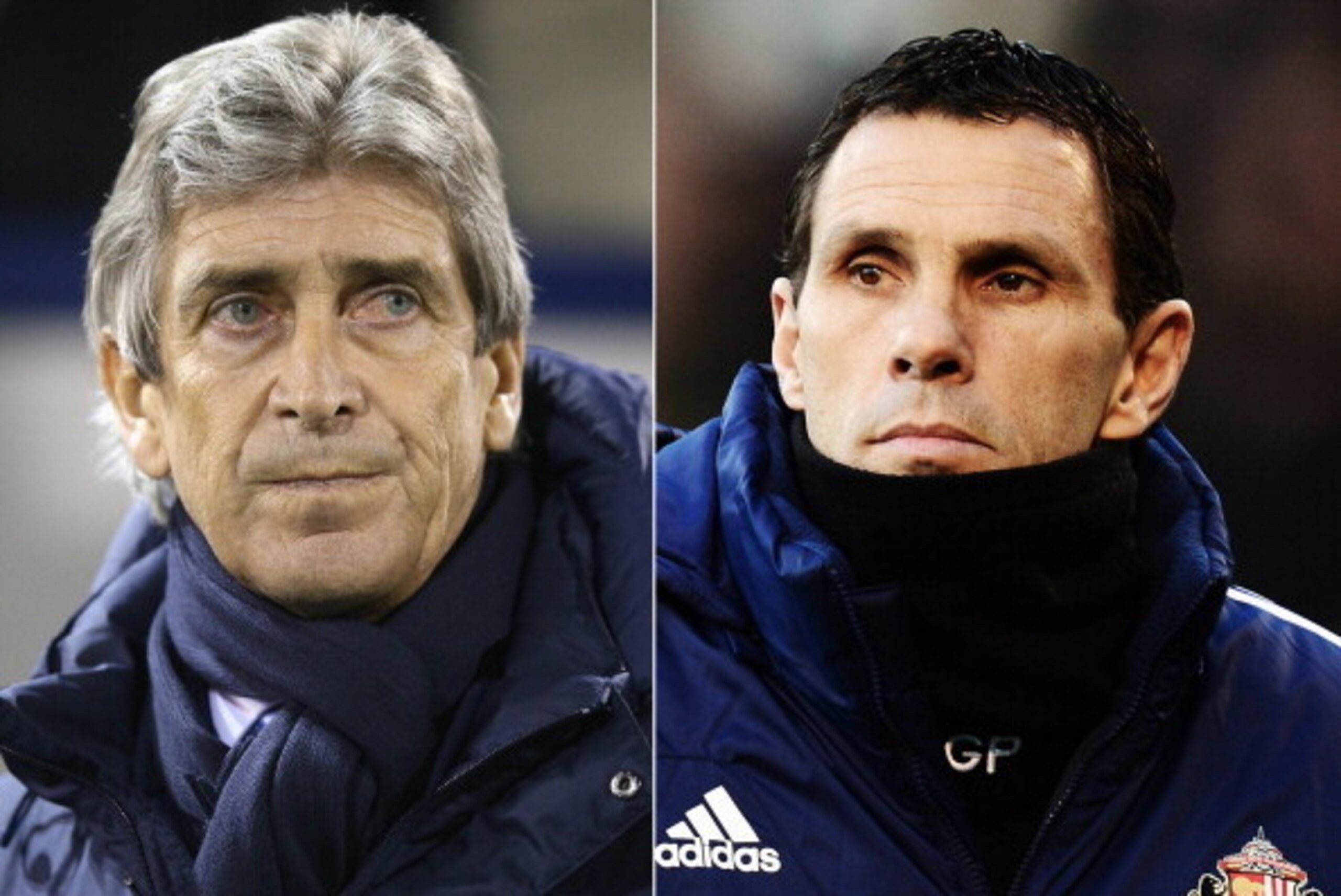 FILE PHOTO - EDITORS NOTE: COMPOSITE OF TWO IMAGES - Image Numbers 453706157 (L) and 461787467) In this composite image a comparison has been made between Manuel Pellegrini manager of Manchester City  (L) and Sunderland manager Gus Poyet. Manchester City 