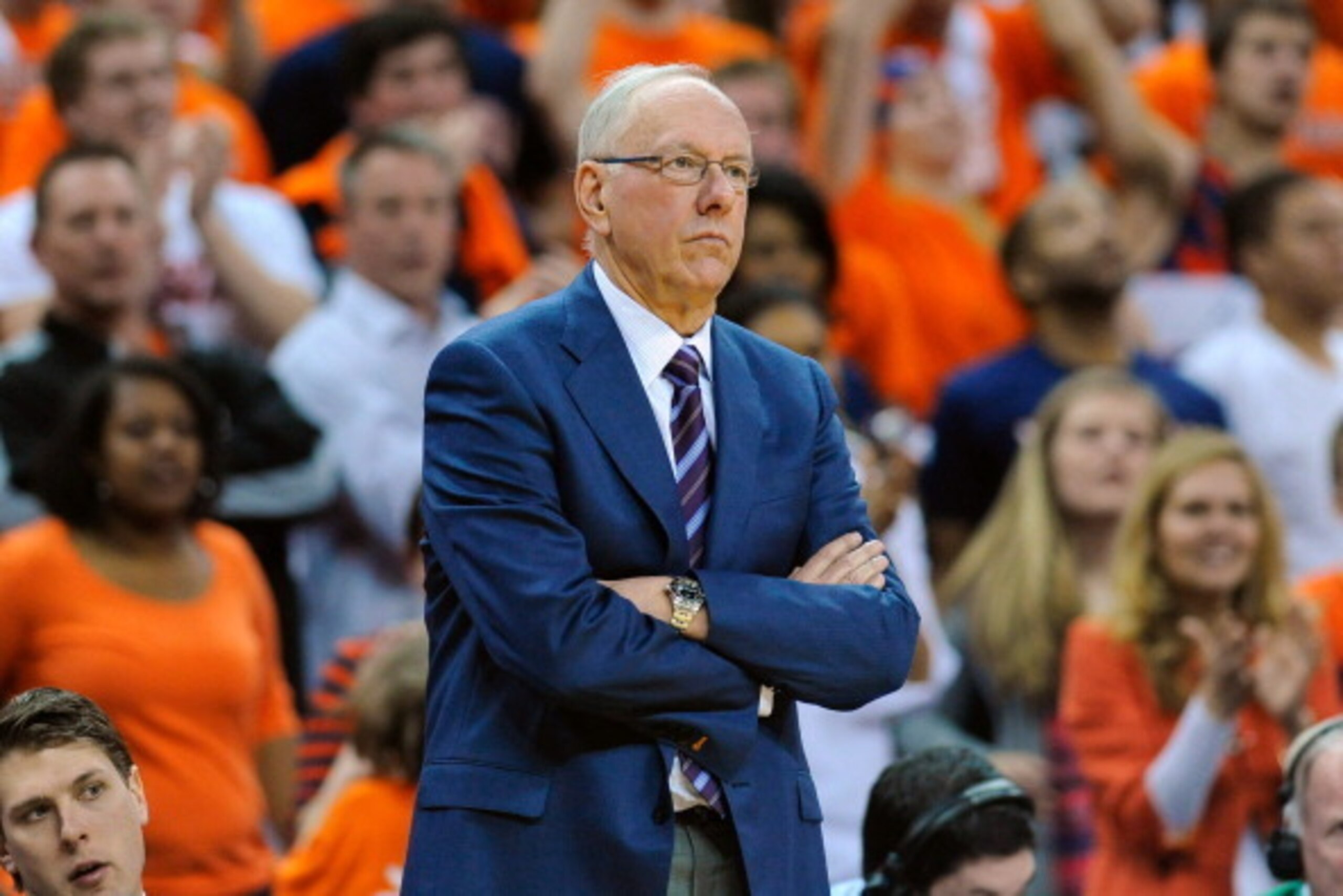 CHARLOTTESVILLE, VA - MARCH 01:  Head coach Jim Boeheim of the Syracuse Orange reacts to a play against the Virginia Cavaliers during the second half at John Paul Jones Arena on March 1, 2014 in Charlottesville, Virginia.  Virginia defeated Syracuse 75-56
