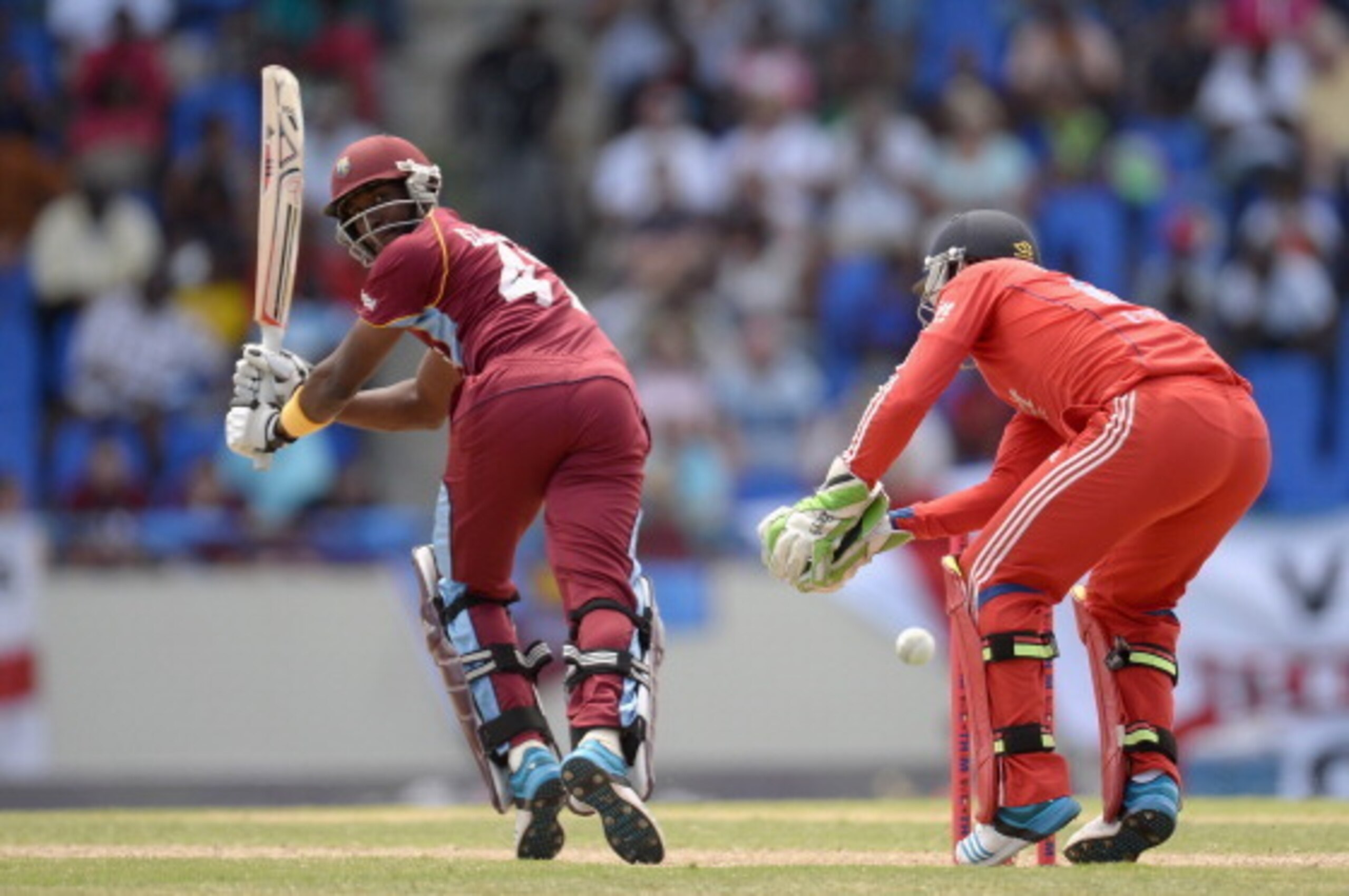 ANTIGUA, ANTIGUA AND BARBUDA - FEBRUARY 28:  Dwayne Bravo of the West Indies bats during the 1st One Day International between West Indies and England at Sir Viv Richards Cricket Ground on February 28, 2014 in Antigua, Antigua and Barbuda.  (Photo by Gare