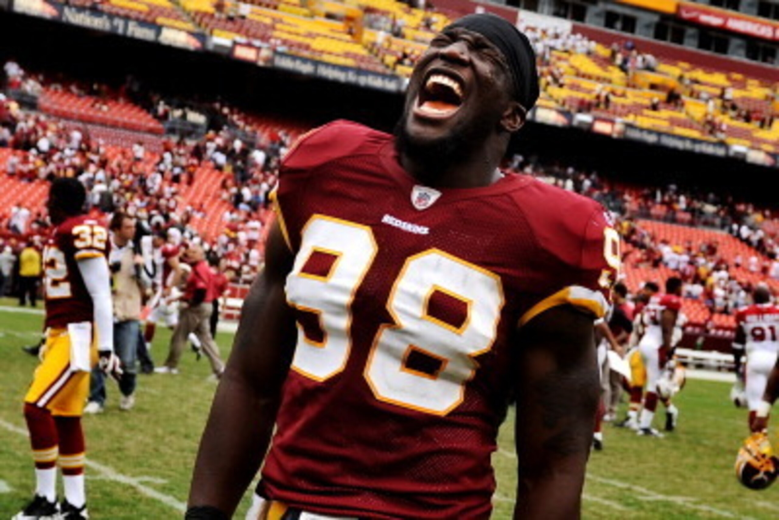 LANDOVER, MD - SEPTEMBER 18: Linebacker Brian Orakpo #98 of the Washington Redskins celebrates after defeating the Arizona Cardinals at FedExField on September 18, 2011 in Landover, Maryland. The Washington Redskins won, 22-21. (Photo by Patrick Smith/Get