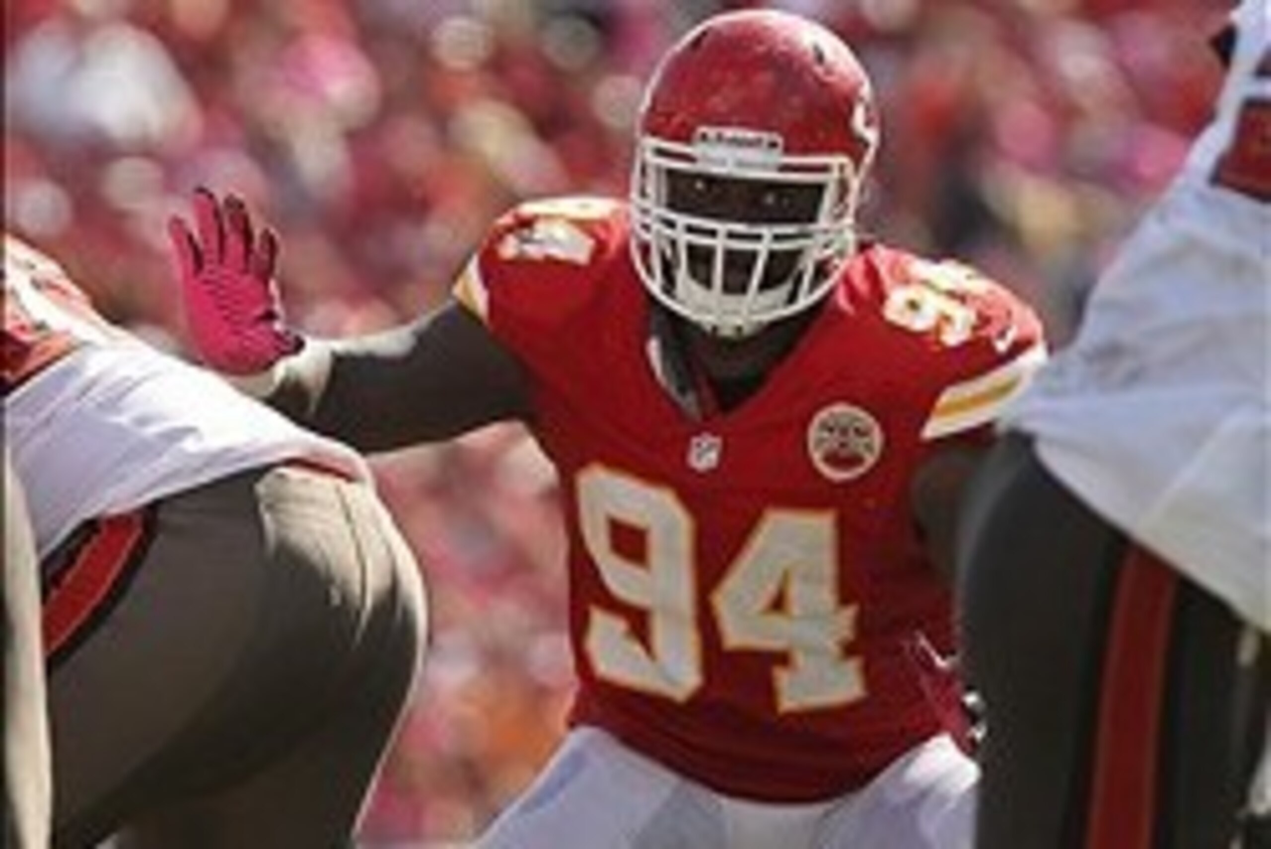 October 14, 2012; Tampa, FL, USA; Kansas City Chiefs defensive end Tyson Jackson (94) rushes against the Tampa Bay Buccaneers during the second half at Raymond James Stadium. Tampa Bay Buccaneers defeated the Kansas City Chiefs 38-10. Mandatory Credit: Ki