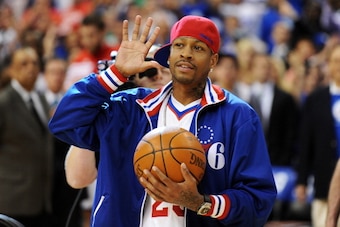 PHILADELPHIA, PA - MAY 23: Former Philadelphia 76ers player Allen Iverson walks onto the court to deliver the game ball before the game against the Boston Celtics in Game Six of the Eastern Conference Semifinals in the 2012 NBA Playoffs at the Wells Fargo