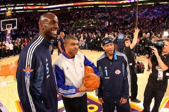 PHOENIX - FEBRUARY 15:  Kevin Garnett and Allen Iverson (R) of the Eastern Conference stand on court during the 58th NBA All-Star Game, part of 2009 NBA All-Star Weekend, at US Airways Center on February 15, 2009 in Phoenix, Arizona.  NOTE TO USER: User e