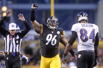 PITTSBURGH, PA - OCTOBER 20:  Ziggy Hood #96 of the Pittsburgh Steelers celebrates a stop against the Baltimore Ravens during the third quarter at Heinz Field on October 20, 2013 in Pittsburgh, Pennsylvania. (Photo by Vincent Pugliese/Getty Images)