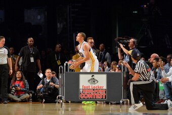 NEW ORLEANS, LA - FEBRUARY 15: Stephen Curry #30 of the Golden State Warriors attempts a shot during the Foot Locker Three-Point Contest on State Farm All-Star Saturday Night as part of the 2014 All-Star Weekend at Smoothie King Center on February 15, 201