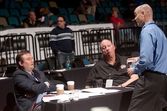 RENO, NV - JANUARY 6:  From left, Houston Rockets general manager Daryl Morey talks with Rio Grande Valley Vipers associate head coach Paul Mokeski and Memphis Grizzlies vice president of basketball operations John Hollinger during the 2014 NBA D-League S