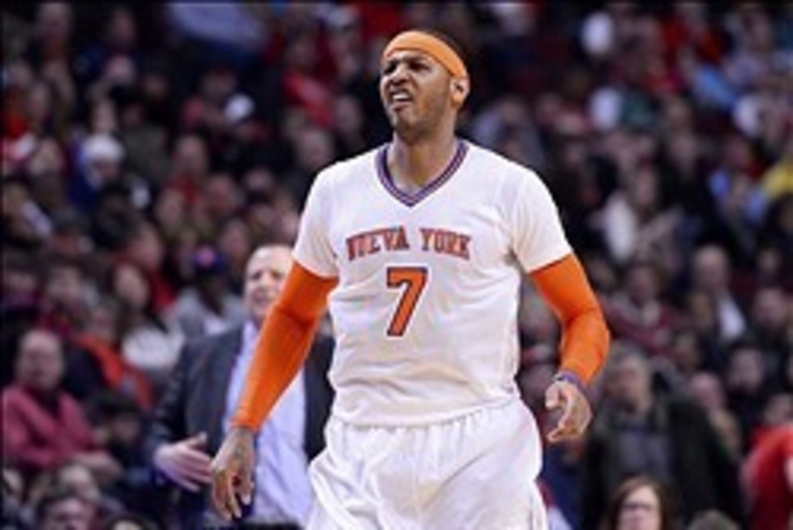 Mar 2, 2014; Chicago, IL, USA; New York Knicks small forward Carmelo Anthony (7) reacts after missing a shot against the Chicago Bulls during the second half at the United Center. Chicago defeats New York 109-90. Mandatory Credit: Mike DiNovo-USA TODAY Sp