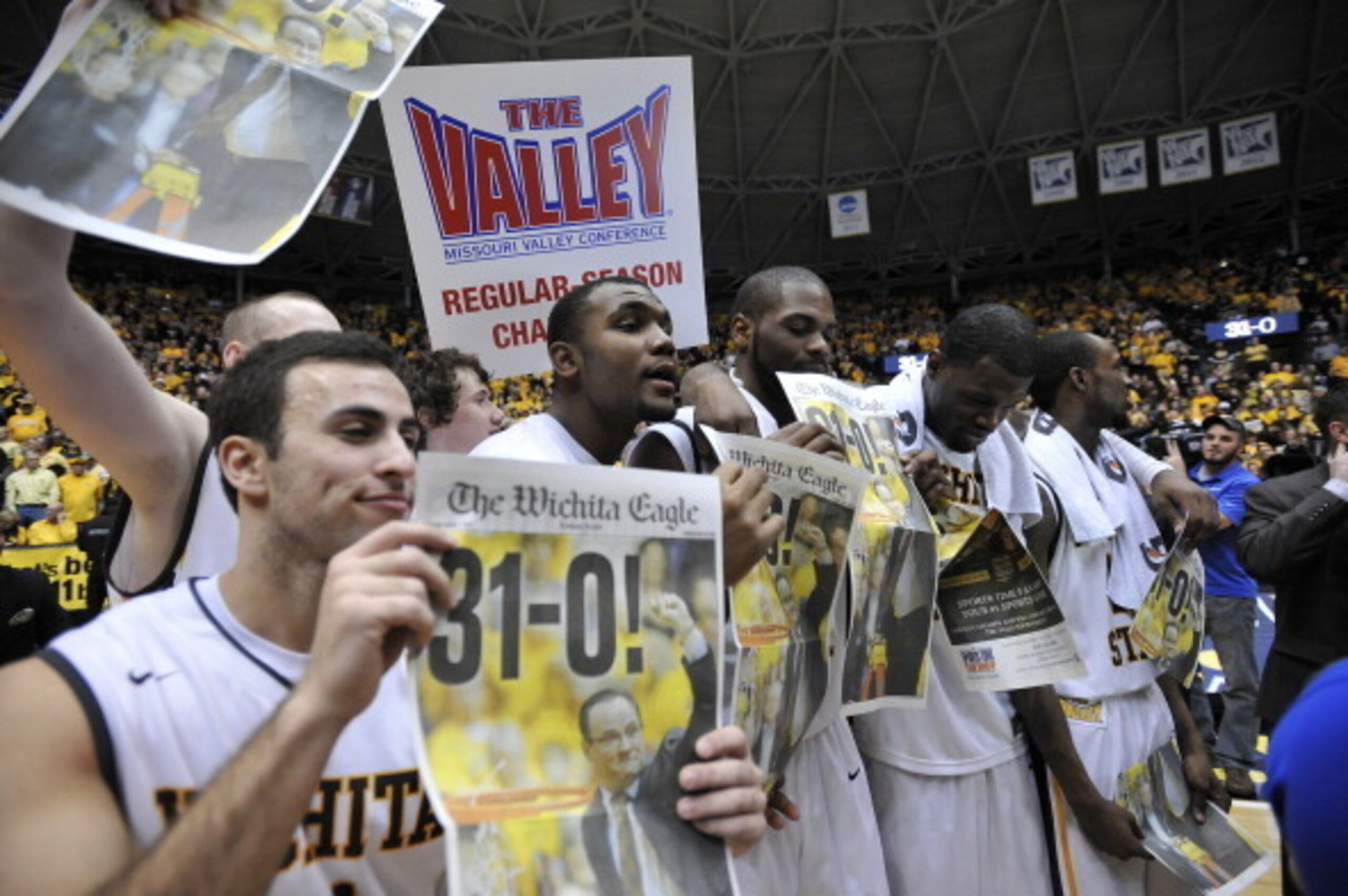 WICHITA, KS - MARCH 01:  The Wichita State Shockers celebrate after beating the Missouri State Bears on March 1, 2014 at Charles Koch Arena in Wichita, Kansas.  Wichita State won 68-45.  (Photo by Peter Aiken/Getty Images)