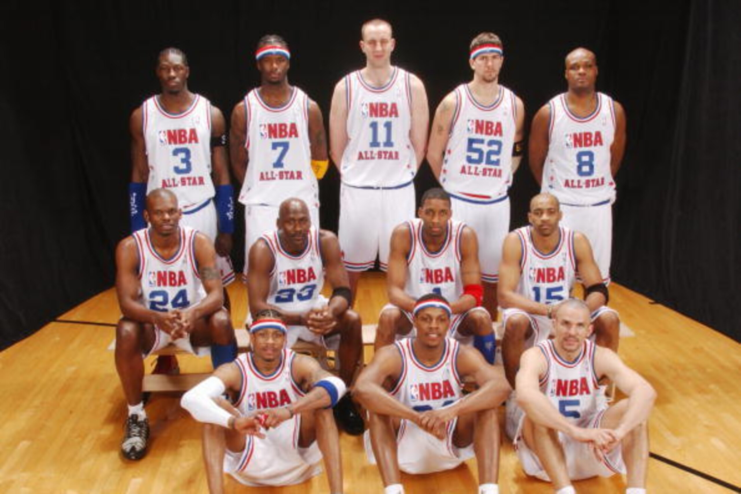 ATLANTA - FEBRUARY 9:  The Eastern Conference All-Star team, Ben Wallace #3 of the Detroit Pistons, Jermaine O'Neal #7 of the Indiana Pacers, Zydrunas Ilgauskas #11 of the Cleveland Cavaliers, Brad Miller #52 of the Indiana Pacers, Antoine Walker #8 of th