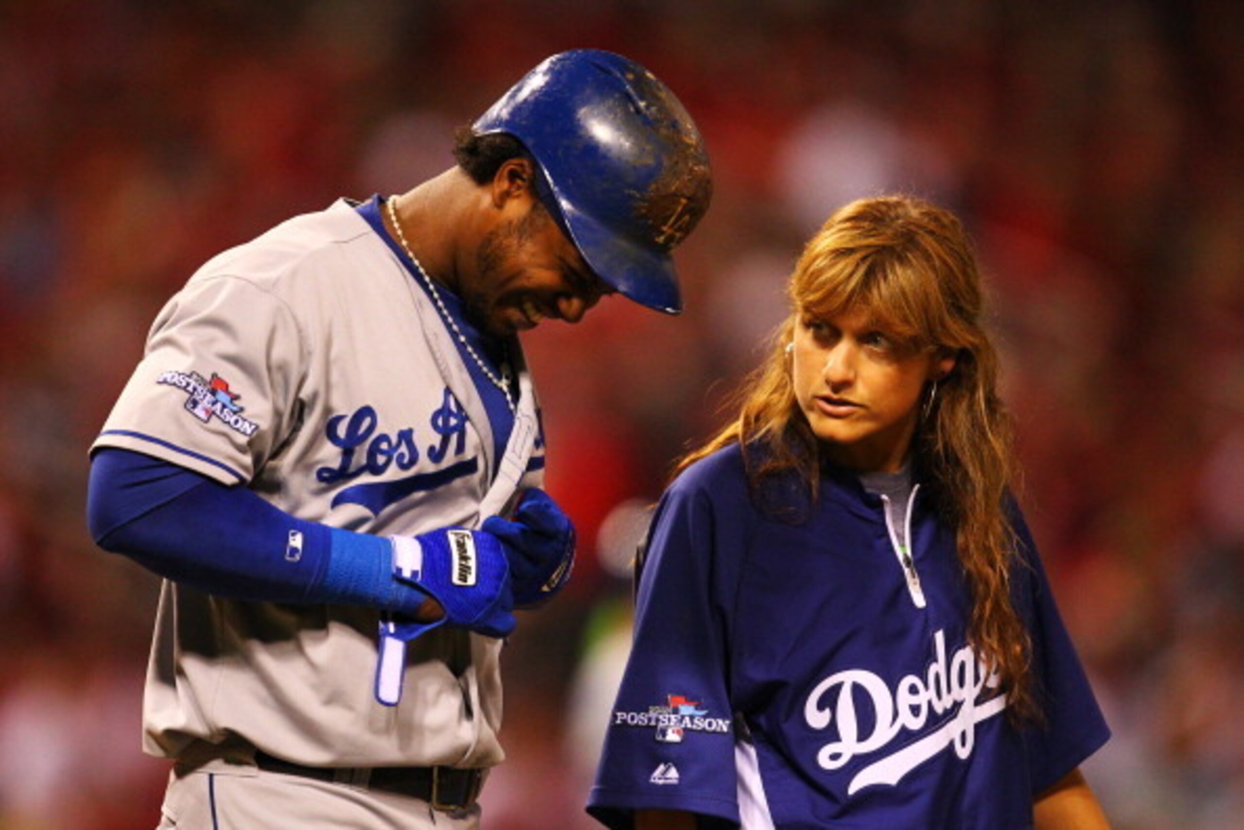 ST LOUIS, MO - OCTOBER 11:  Hanley Ramirez #13 of the Los Angeles Dodgers walks to first after being hit by a pitch in the first inning against the St. Louis Cardinals during Game One of the National League Championship Series at Busch Stadium on October 