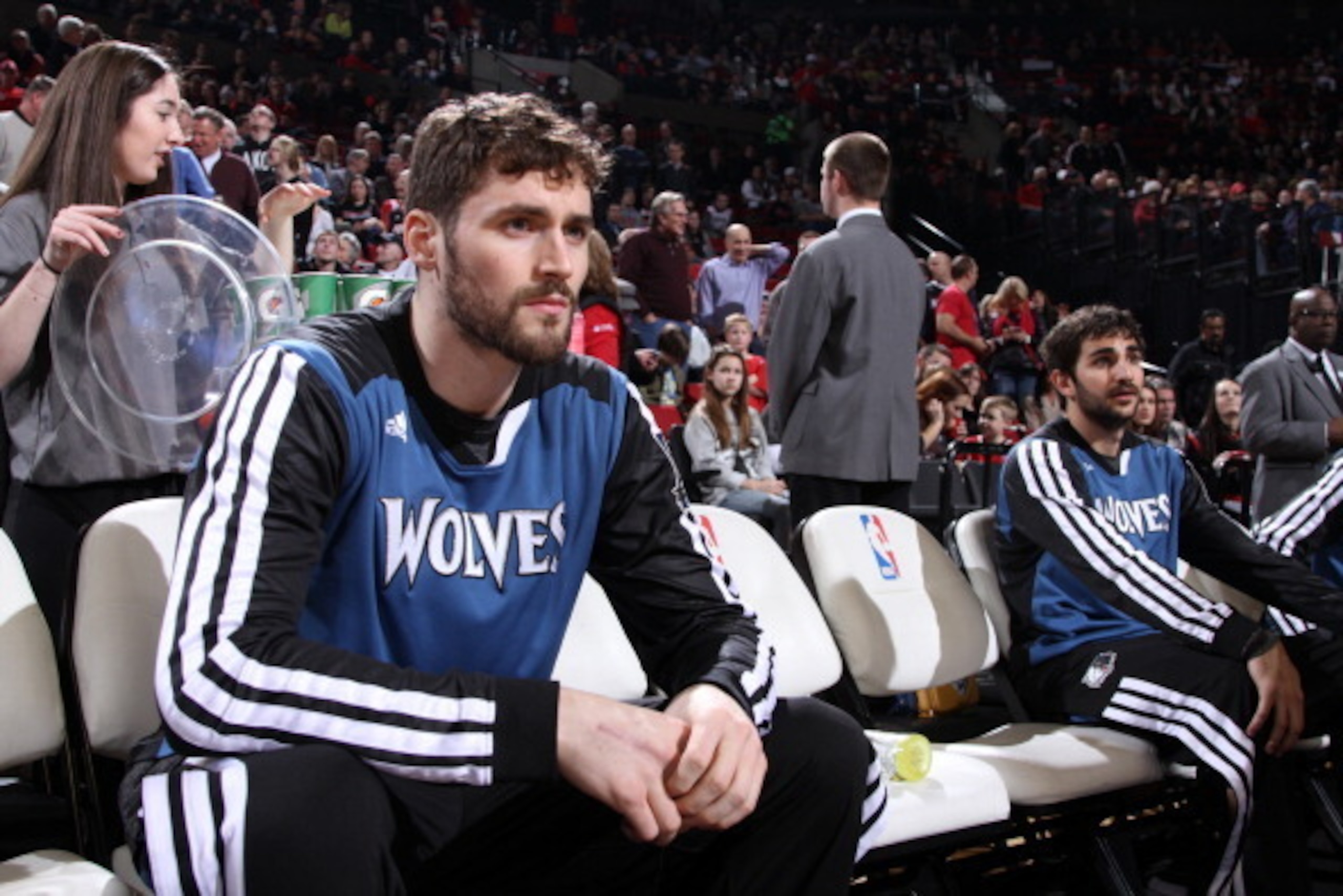 PORTLAND, OR - FEBRUARY 23:  Kevin Love #42 and Ricky Rubio #9 of the Minnesota Timberwolves sit on the bench during the game against the Portland Trail Blazers on February 23, 2014 at the Moda Center Arena in Portland, Oregon. NOTE TO USER: User expressl