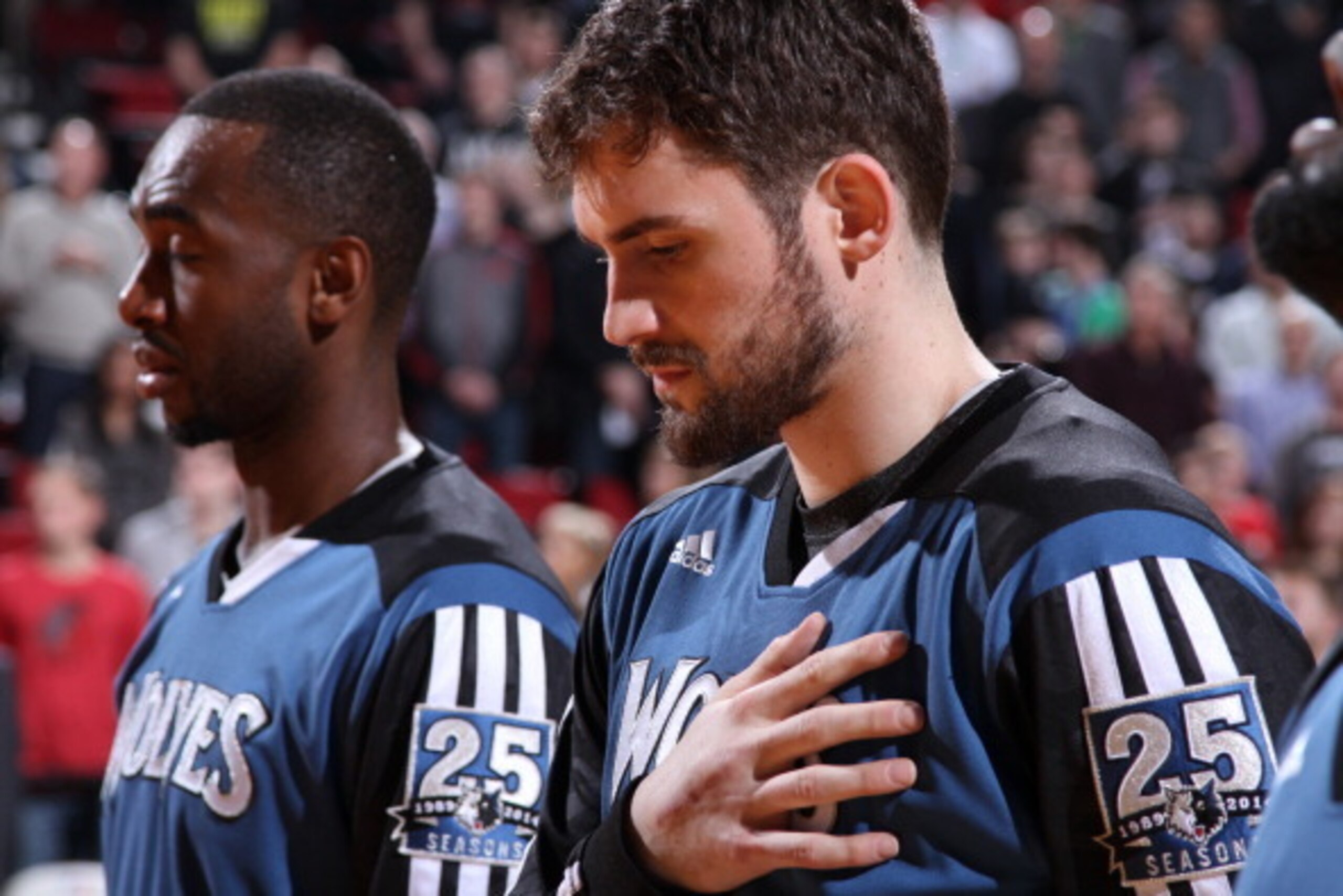 PORTLAND, OR - FEBRUARY 23:   Kevin Love #42 of the Minnesota Timberwolves stands on the court before the game against the Portland Trail Blazers on February 23, 2014 at the Moda Center Arena in Portland, Oregon. NOTE TO USER: User expressly acknowledges 